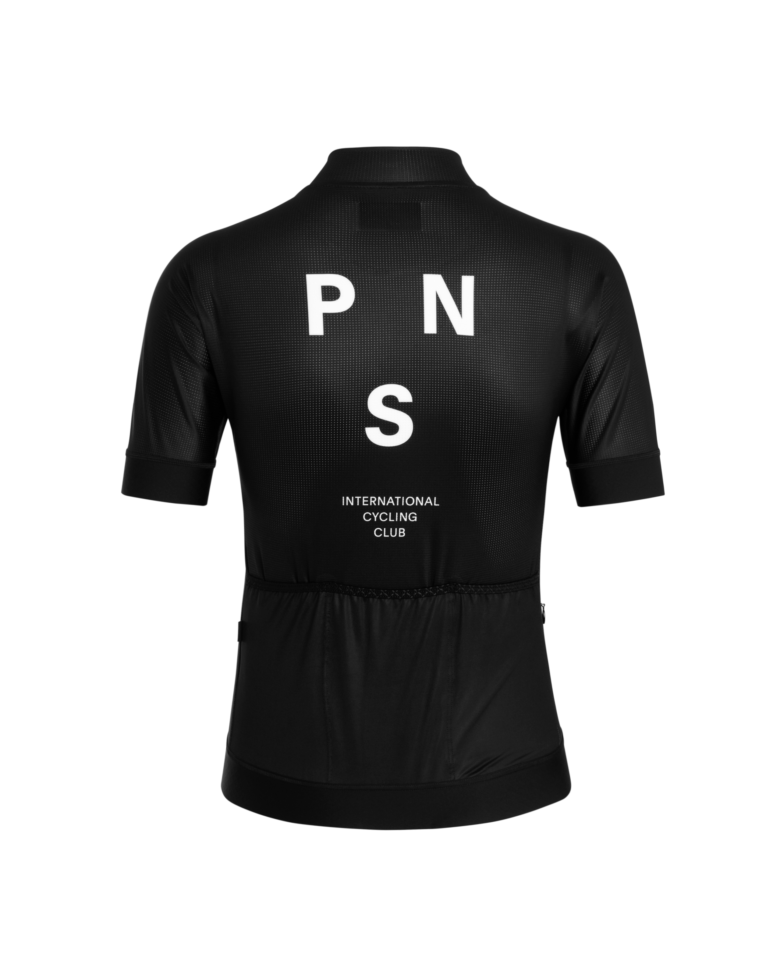 Black Mechanism cycling jersey, rear view with white PNS logo and International Cycling Club text