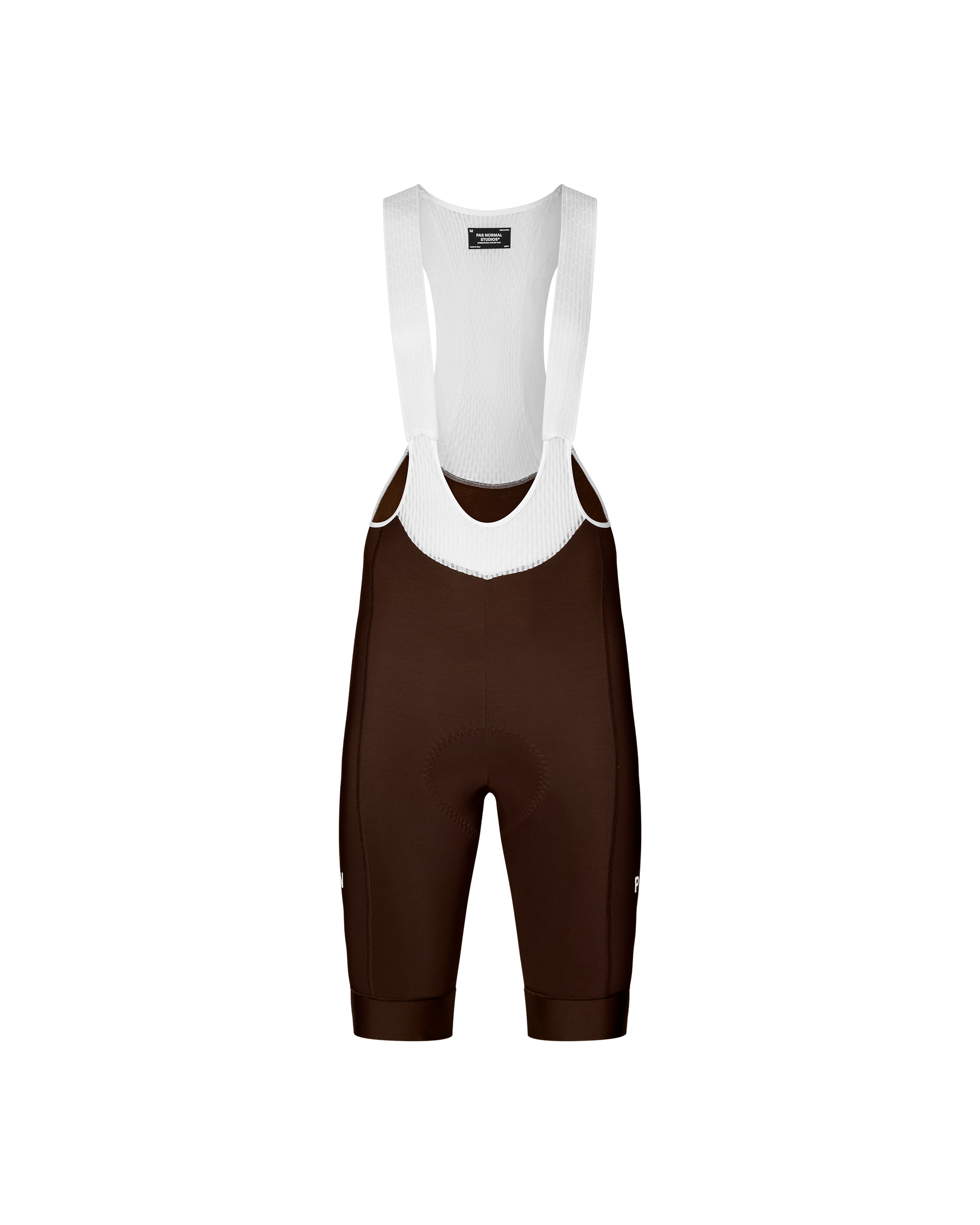Dark Coffee Mechanism Thermal cycling bib shorts, front flat lay with white mesh bib straps