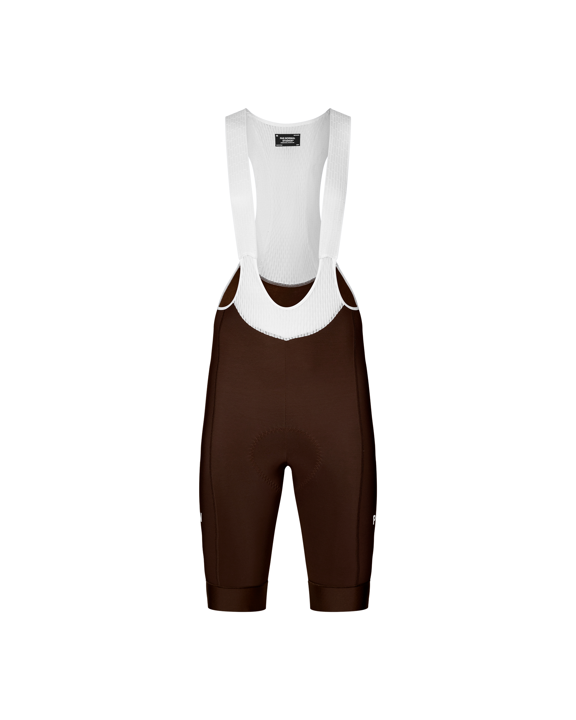 Dark Coffee Mechanism Thermal cycling bib shorts, front flat lay with white mesh bib straps
