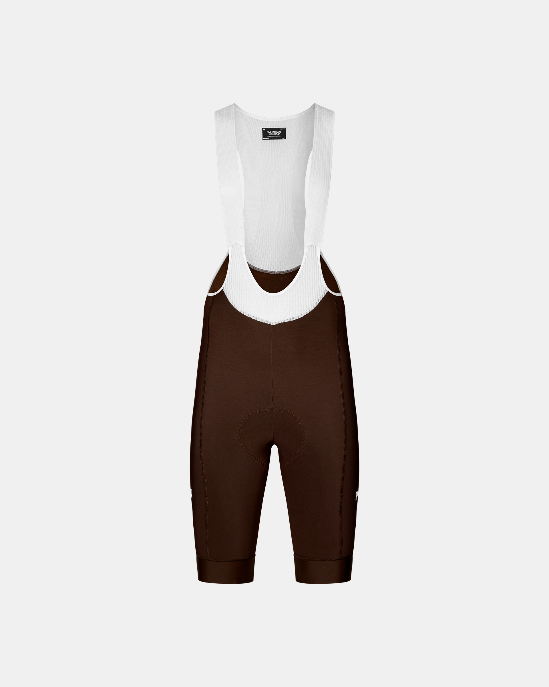 Dark Coffee Mechanism Thermal cycling bib shorts, front flat lay with white mesh bib straps
