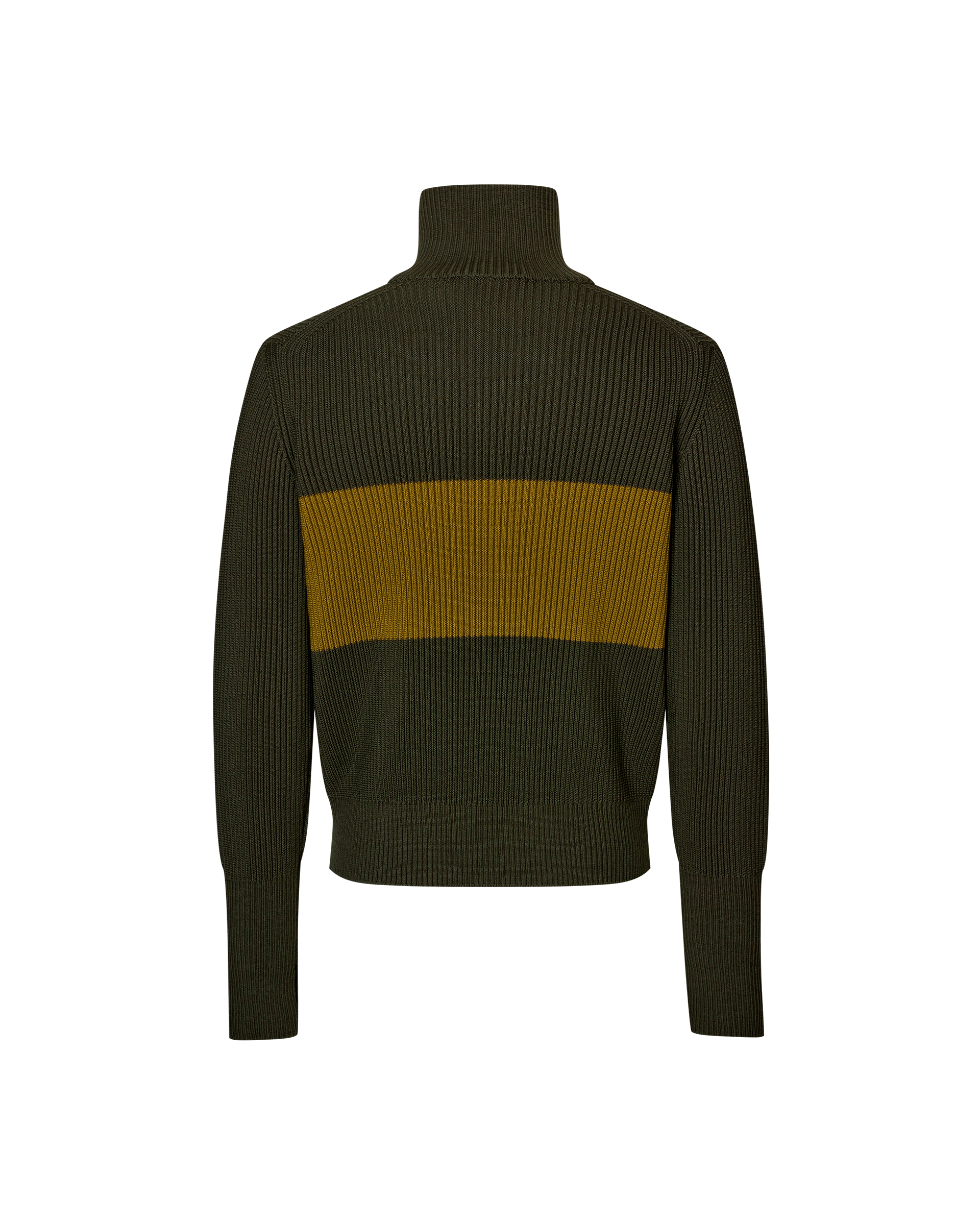 Olive Off-Race Merino Knit Half-Zip sweater, rear flat lay with mustard stripe panel