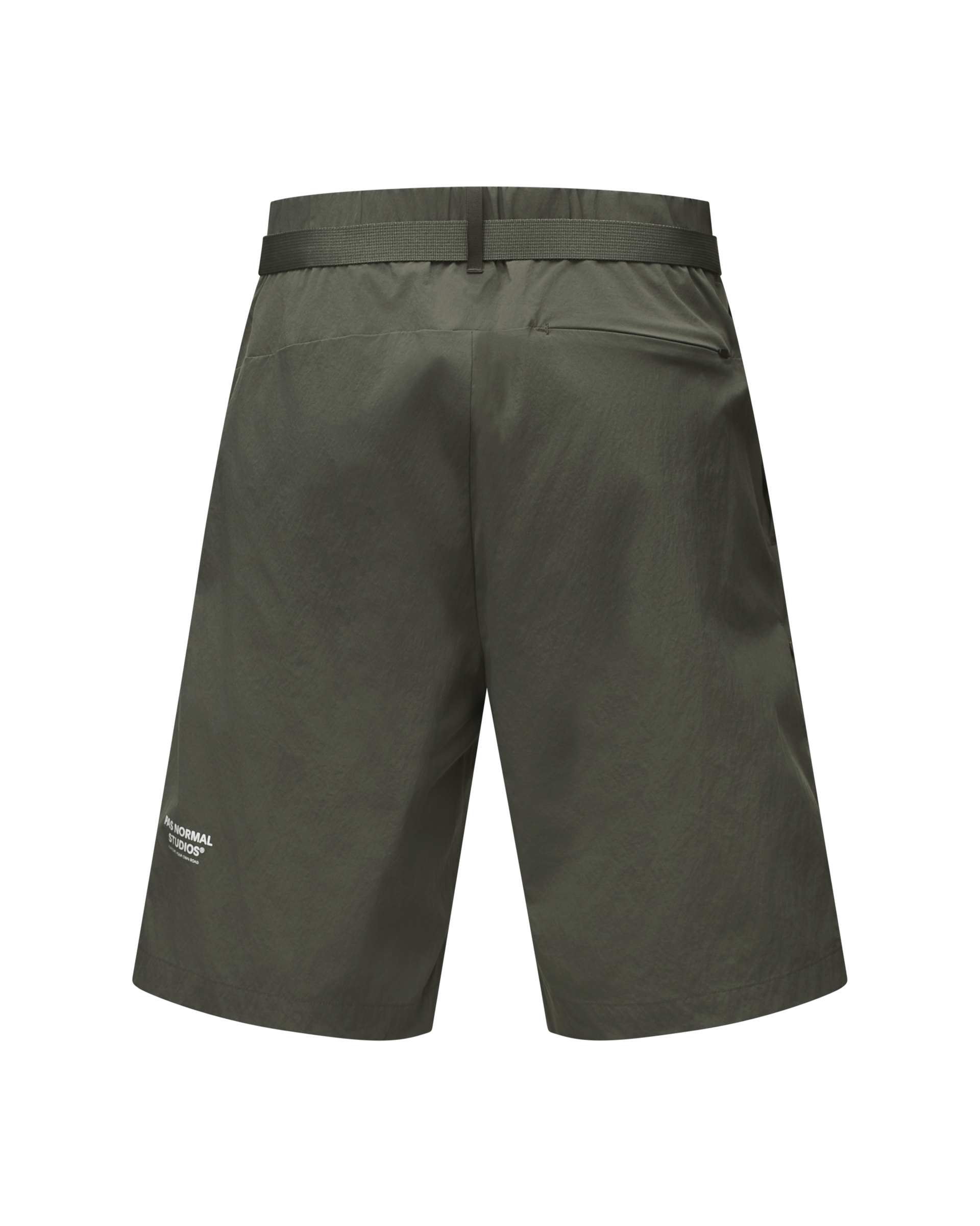 Dark Grey Off-Race Light Tech shorts, rear flat lay with belt and back pocket