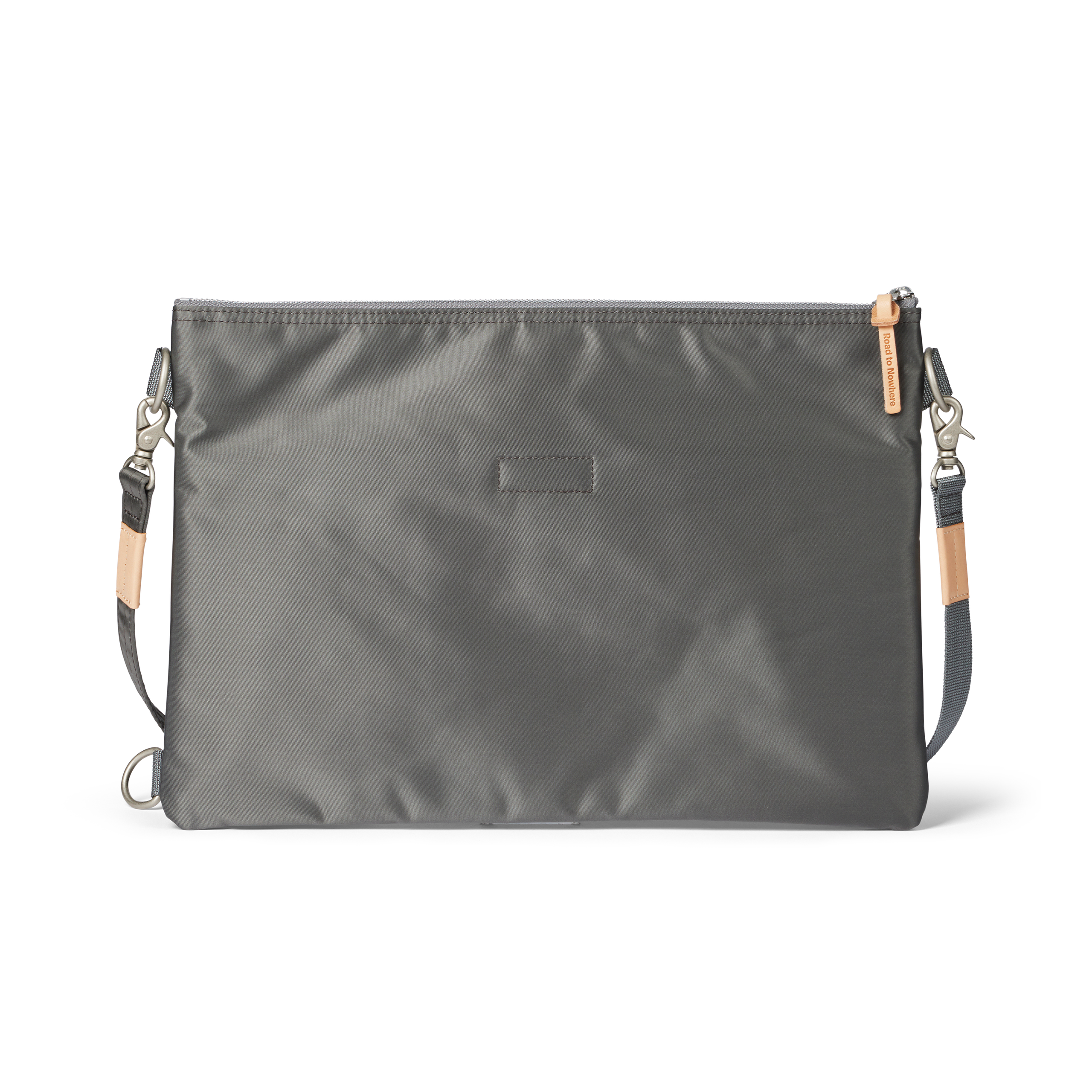 Grey Porter-Yoshida musette bag, front flat lay with tan leather strap detail and top zip closure