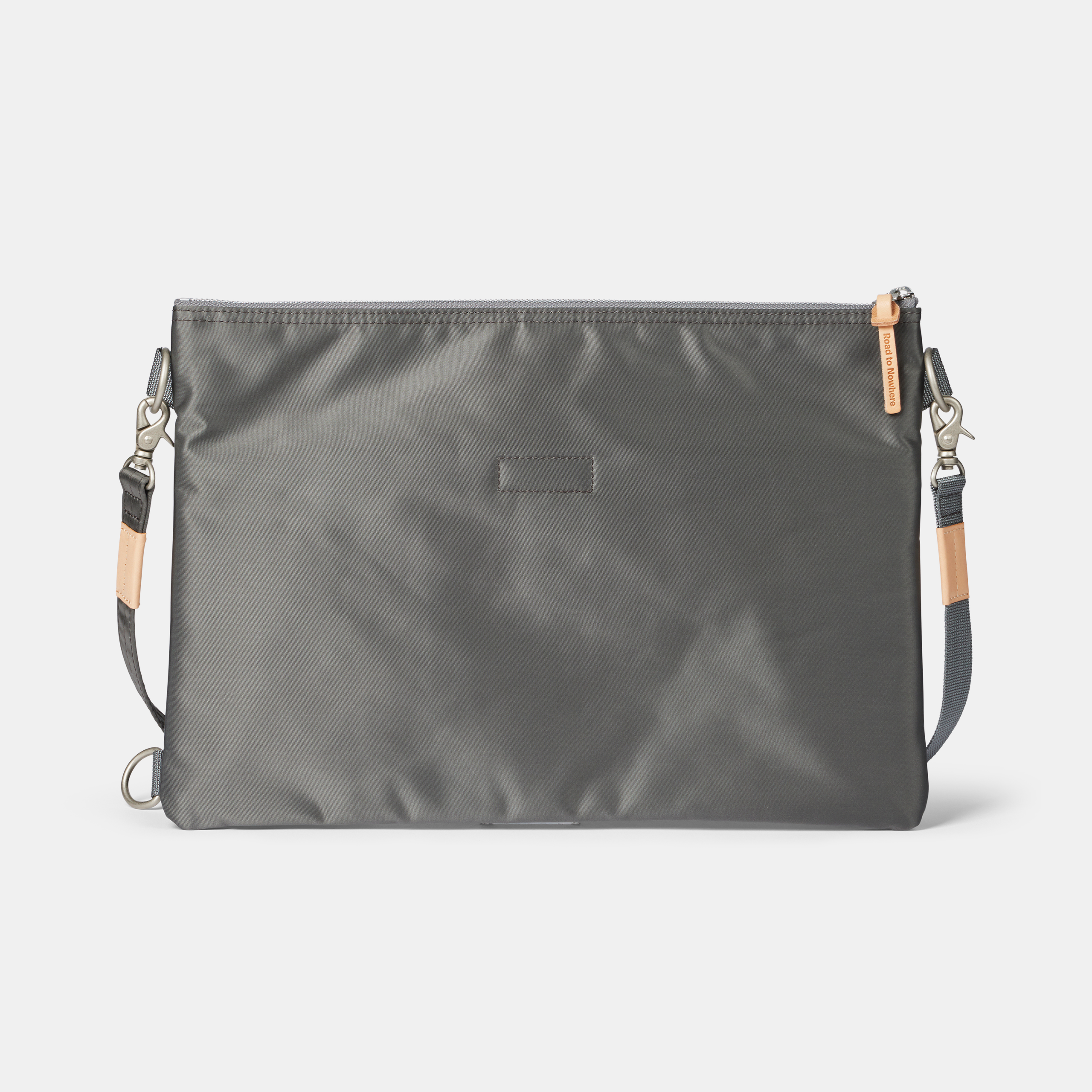 Grey Porter-Yoshida musette bag, front flat lay with tan leather strap detail and top zip closure