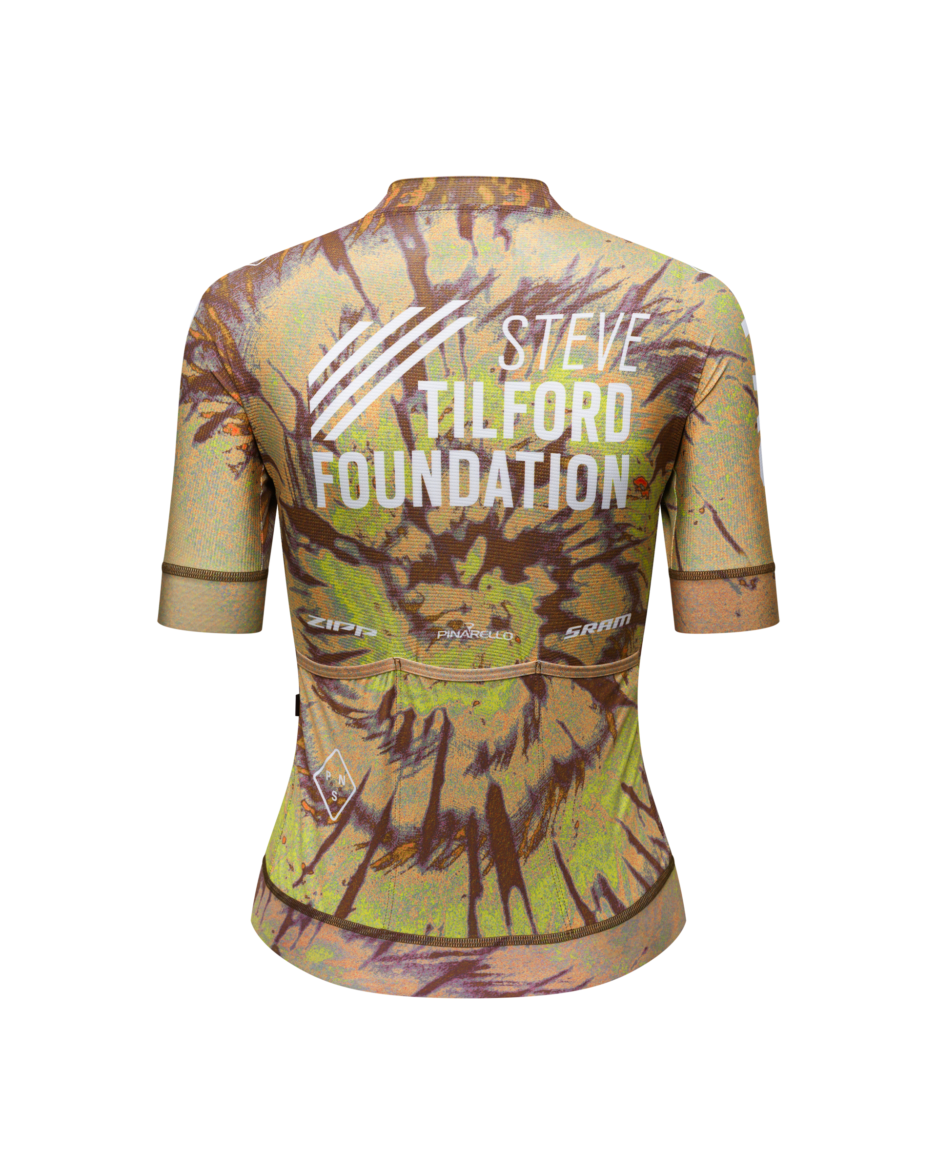 Beige STFR Mechanism cycling jersey, rear view with Steve Tilford Foundation print