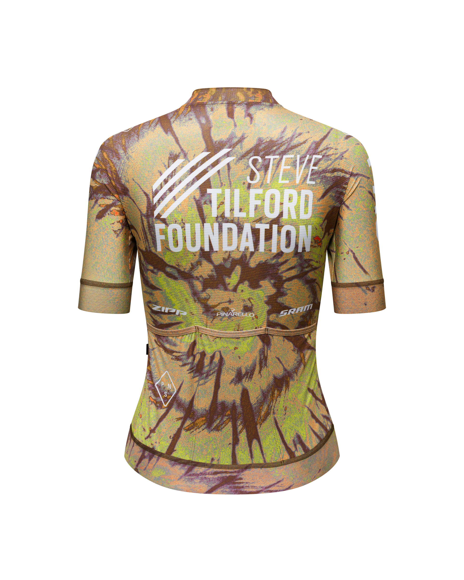 Beige STFR Mechanism cycling jersey, rear view with Steve Tilford Foundation print
