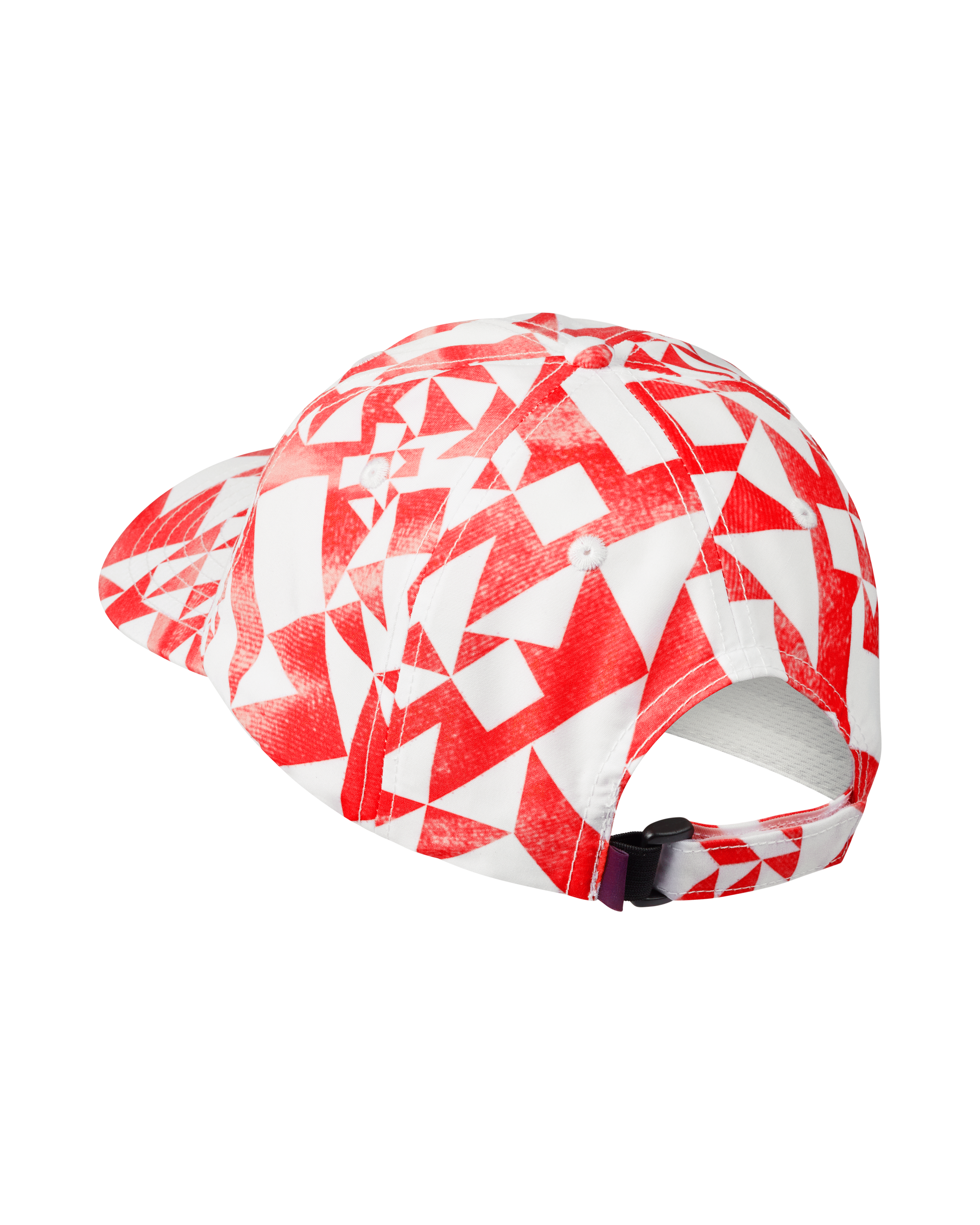 Red PAS Off-Race cap, rear three-quarter view with geometric origami print