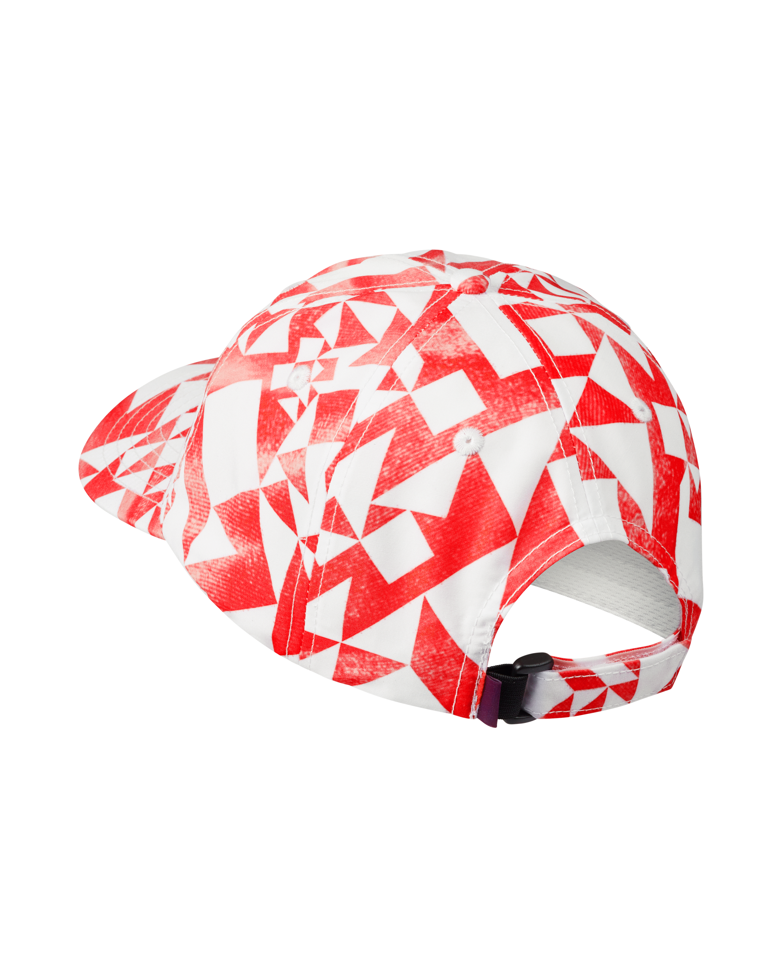 Red PAS Off-Race cap, rear three-quarter view with geometric origami print