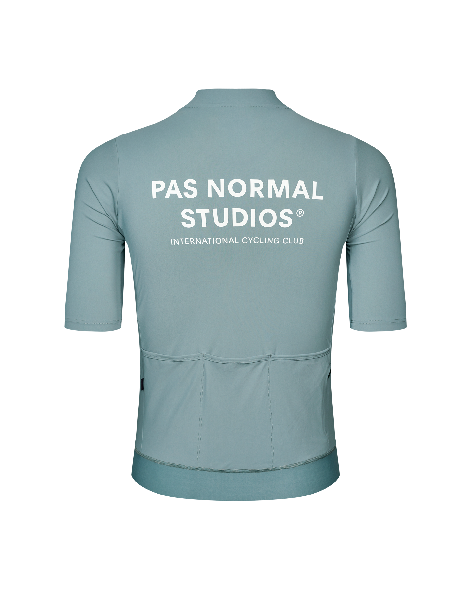 Calcite Blue Essential cycling jersey, rear view with white back print and rear pockets