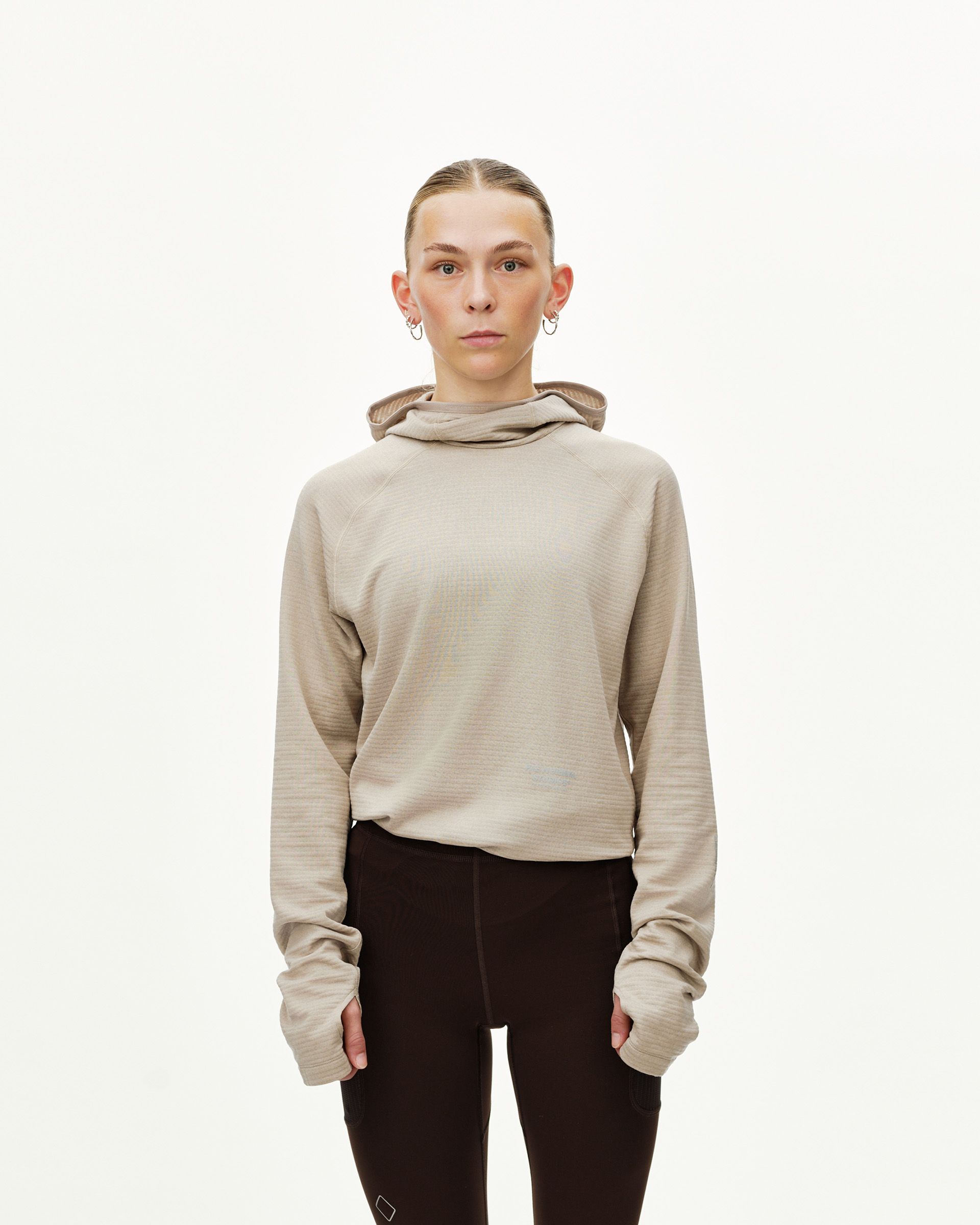 Haze purple Balance Thermal hoodie on model, front view with ribbed texture and thumbhole cuffs