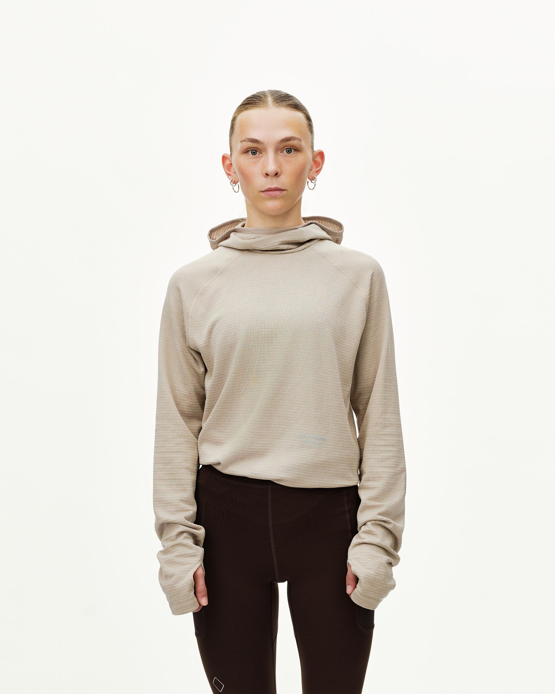 Haze purple Balance Thermal hoodie on model, front view with ribbed texture and thumbhole cuffs