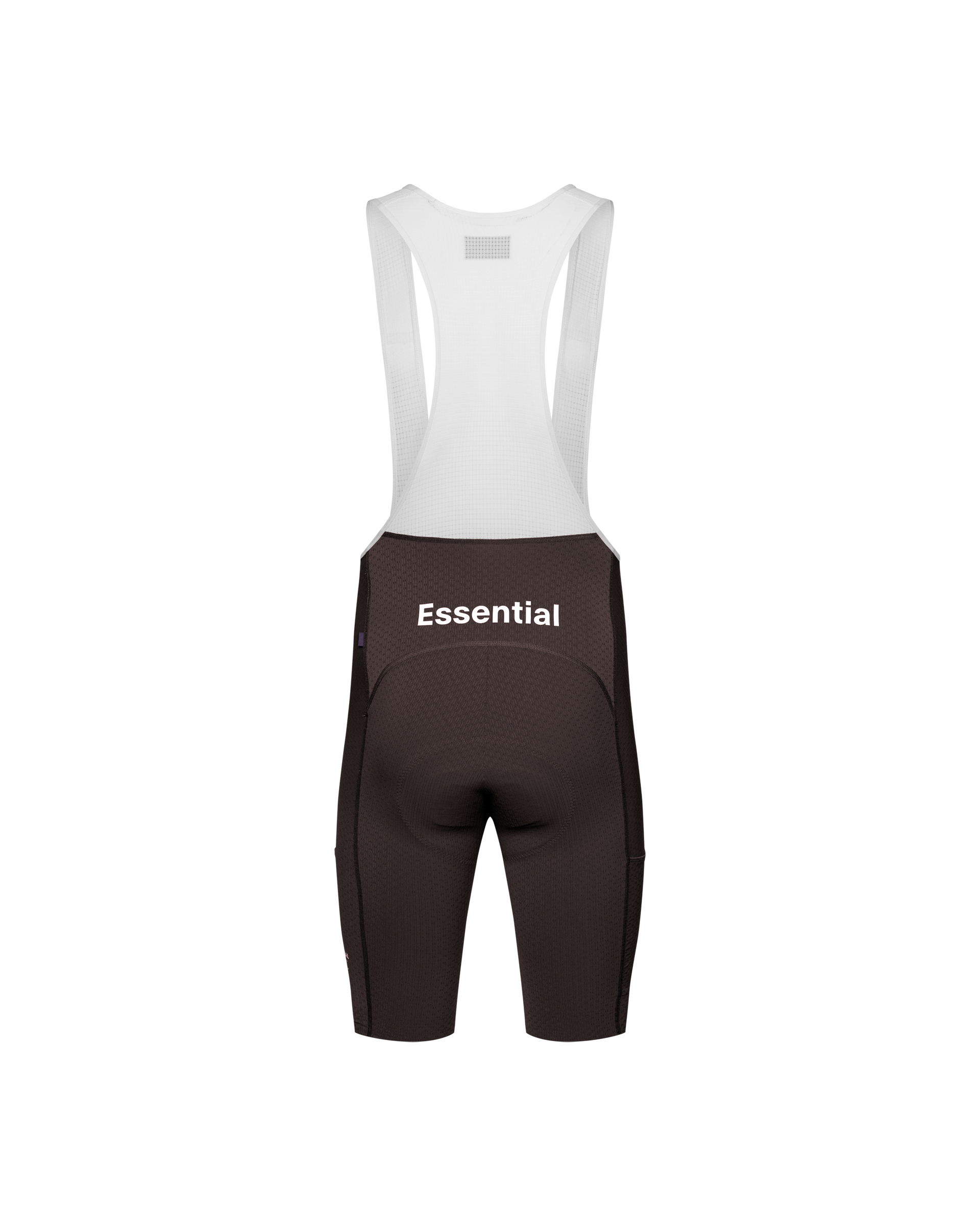 Dark Purple Essential Light Cargo cycling bibs, rear flat lay with white mesh bib straps