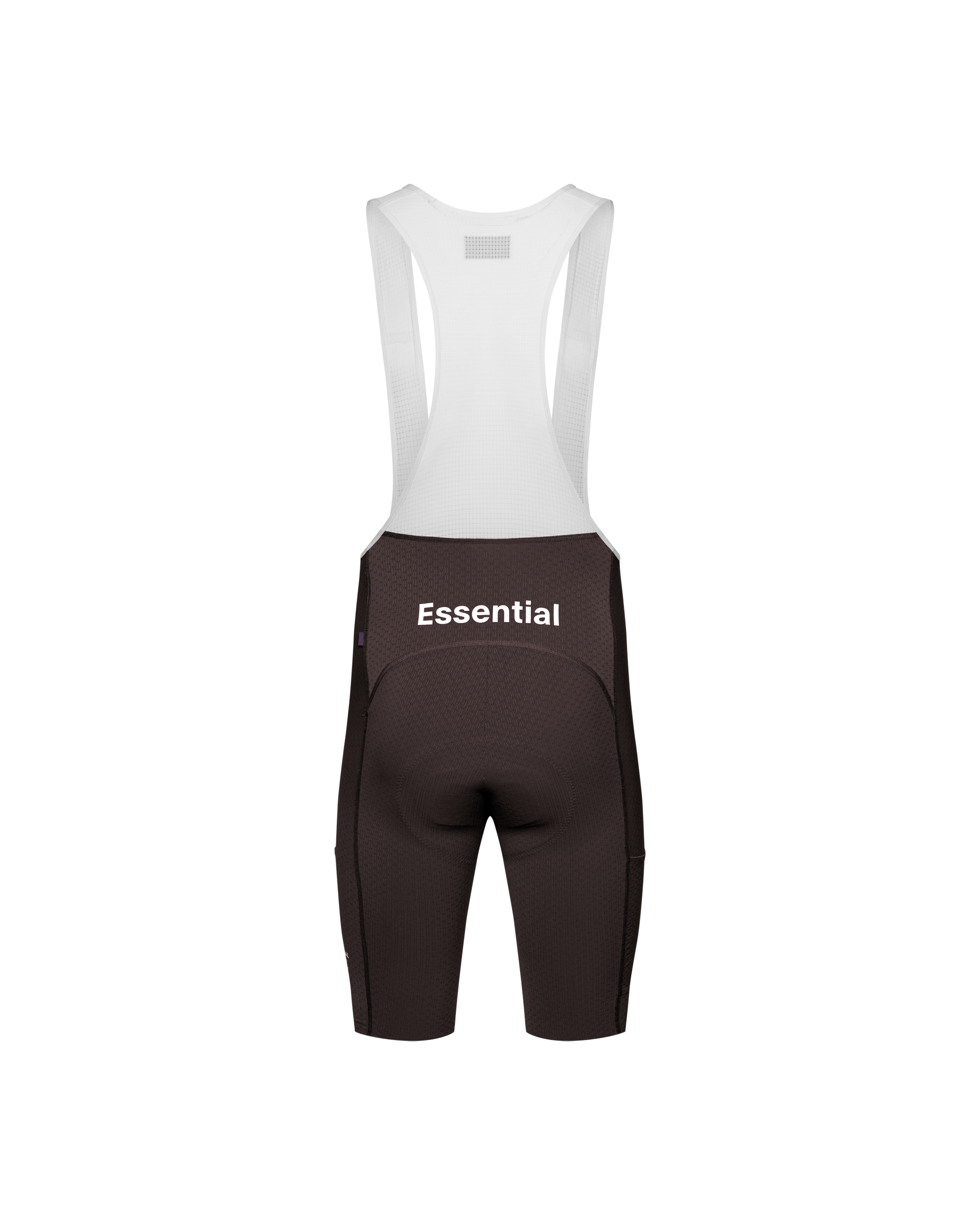 Dark Purple Essential Light Cargo cycling bibs, rear flat lay with white mesh bib straps