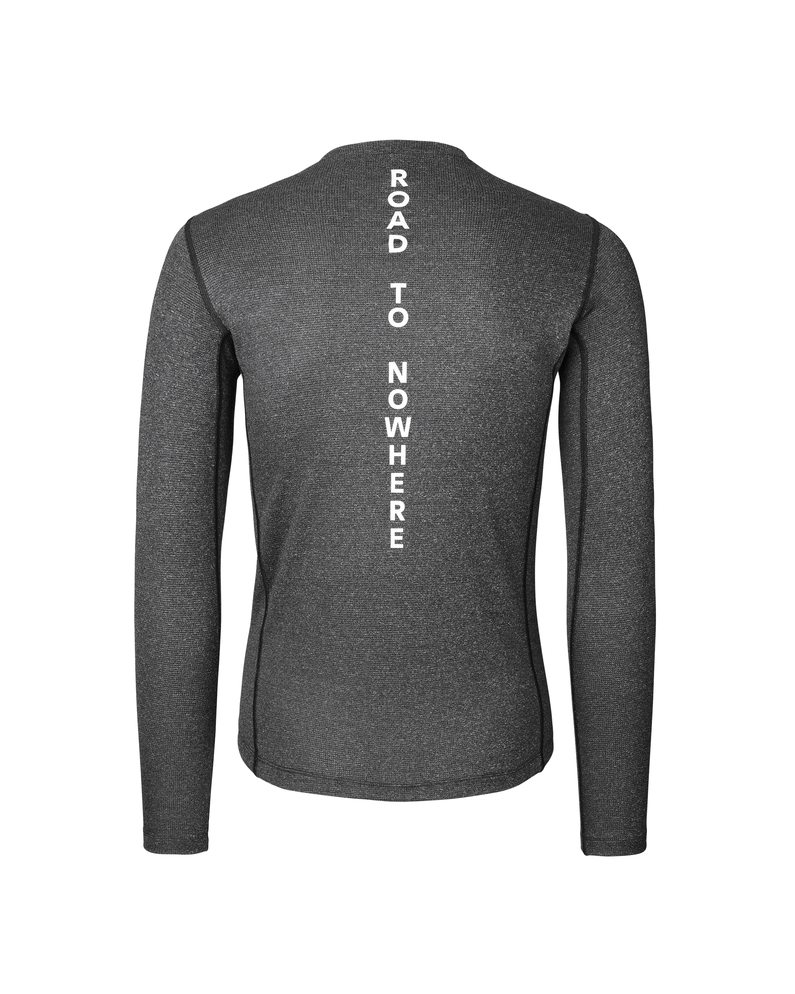 Black Mid long sleeve base layer, rear view with white vertical Road to Nowhere text