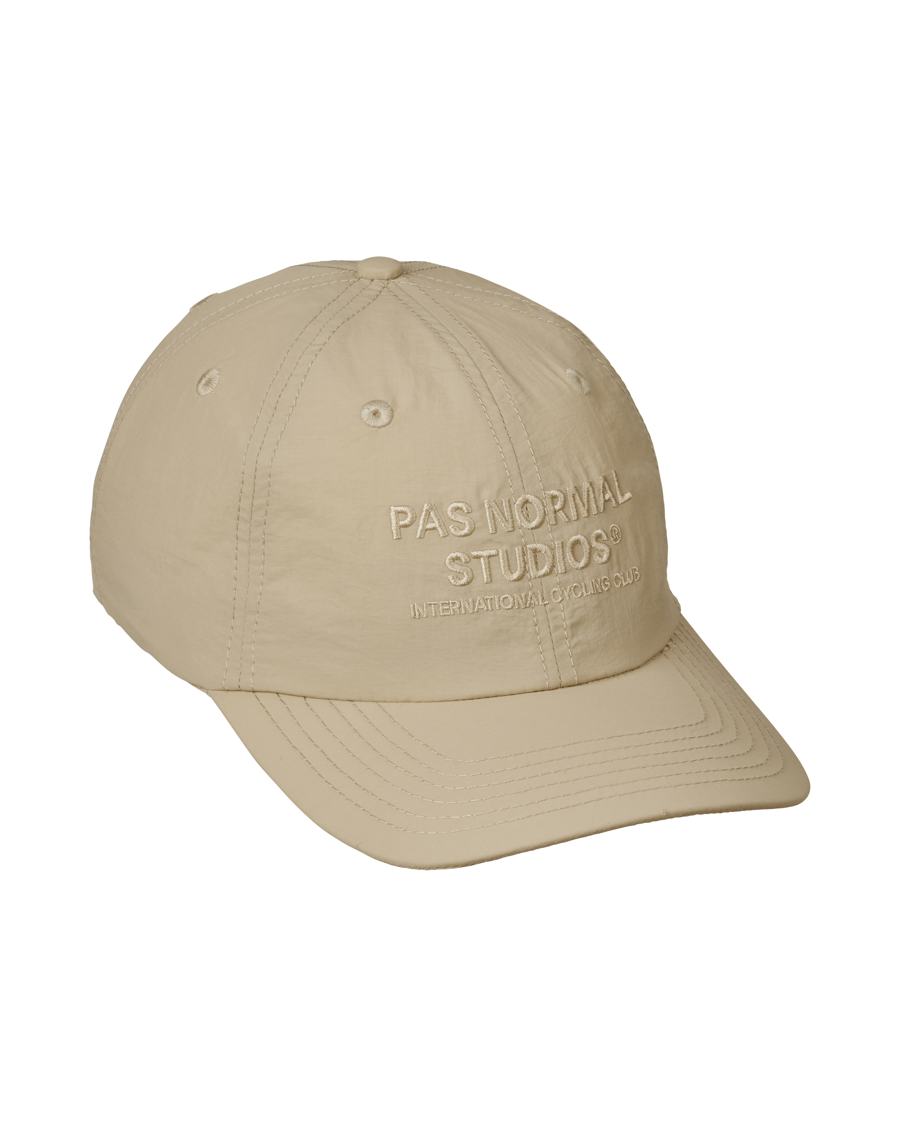 Limestone Off-Race cap, three-quarter view with embossed logo text