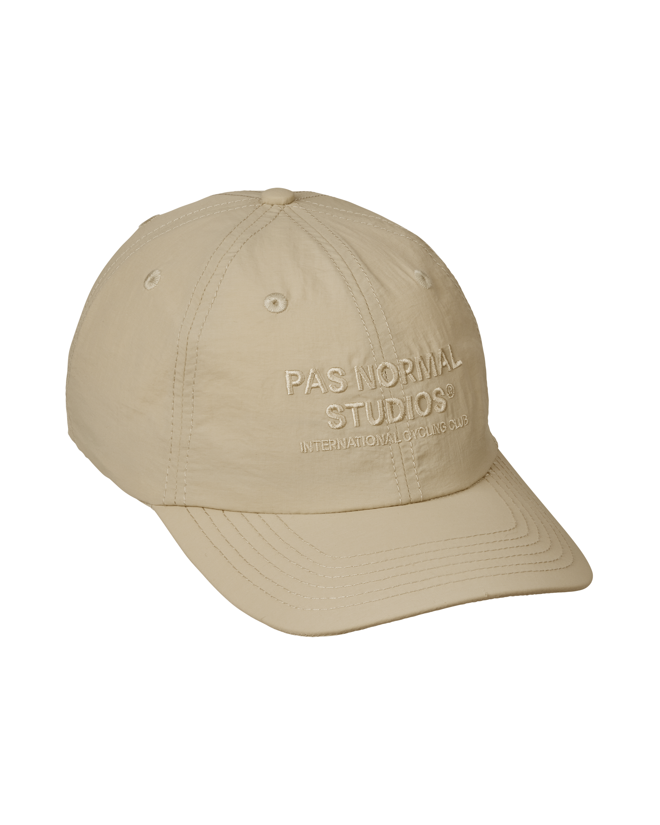 Limestone Off-Race cap, three-quarter view with embossed logo text