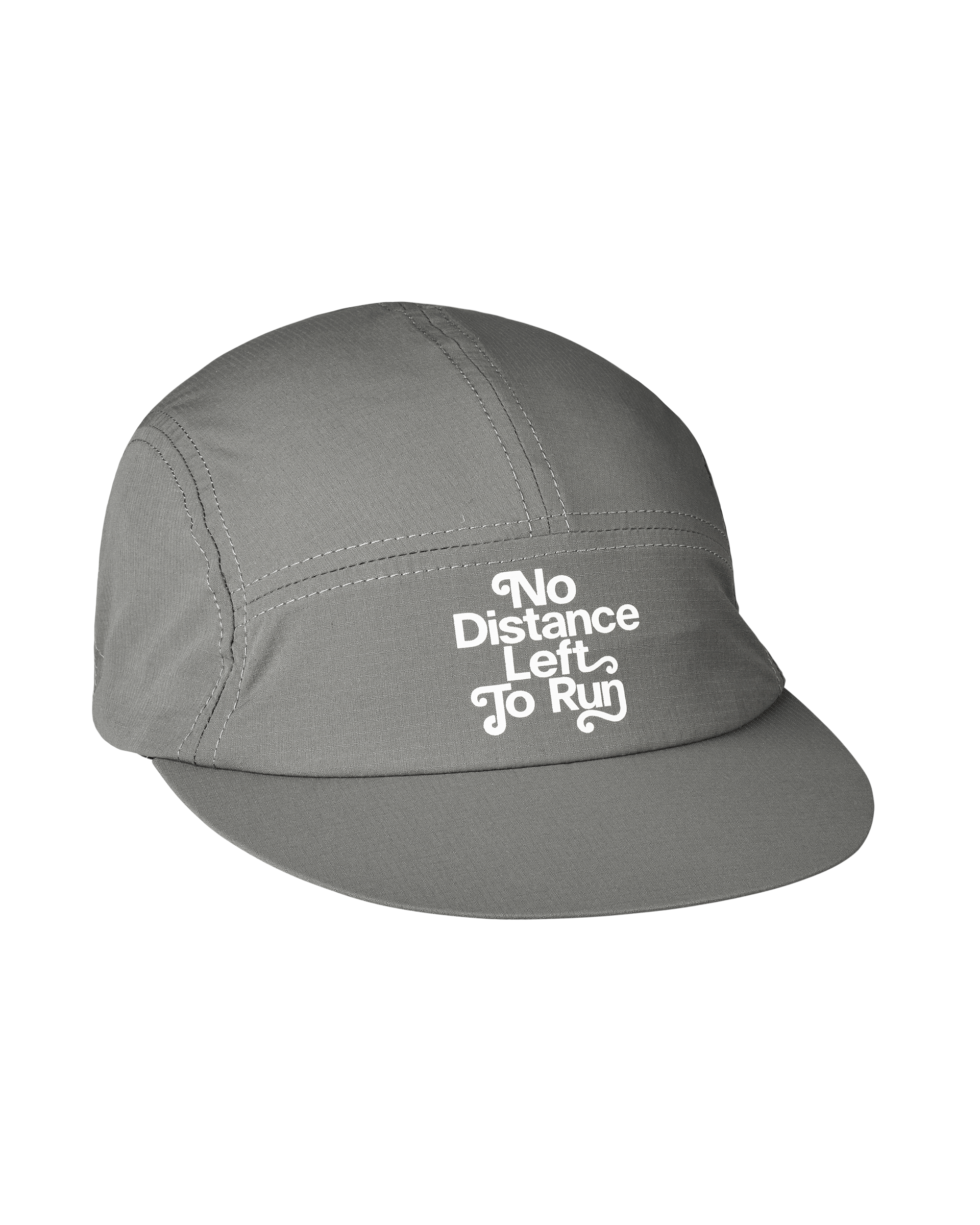 Medium Grey Balance cap, three-quarter view with white No Distance Left To Run front print