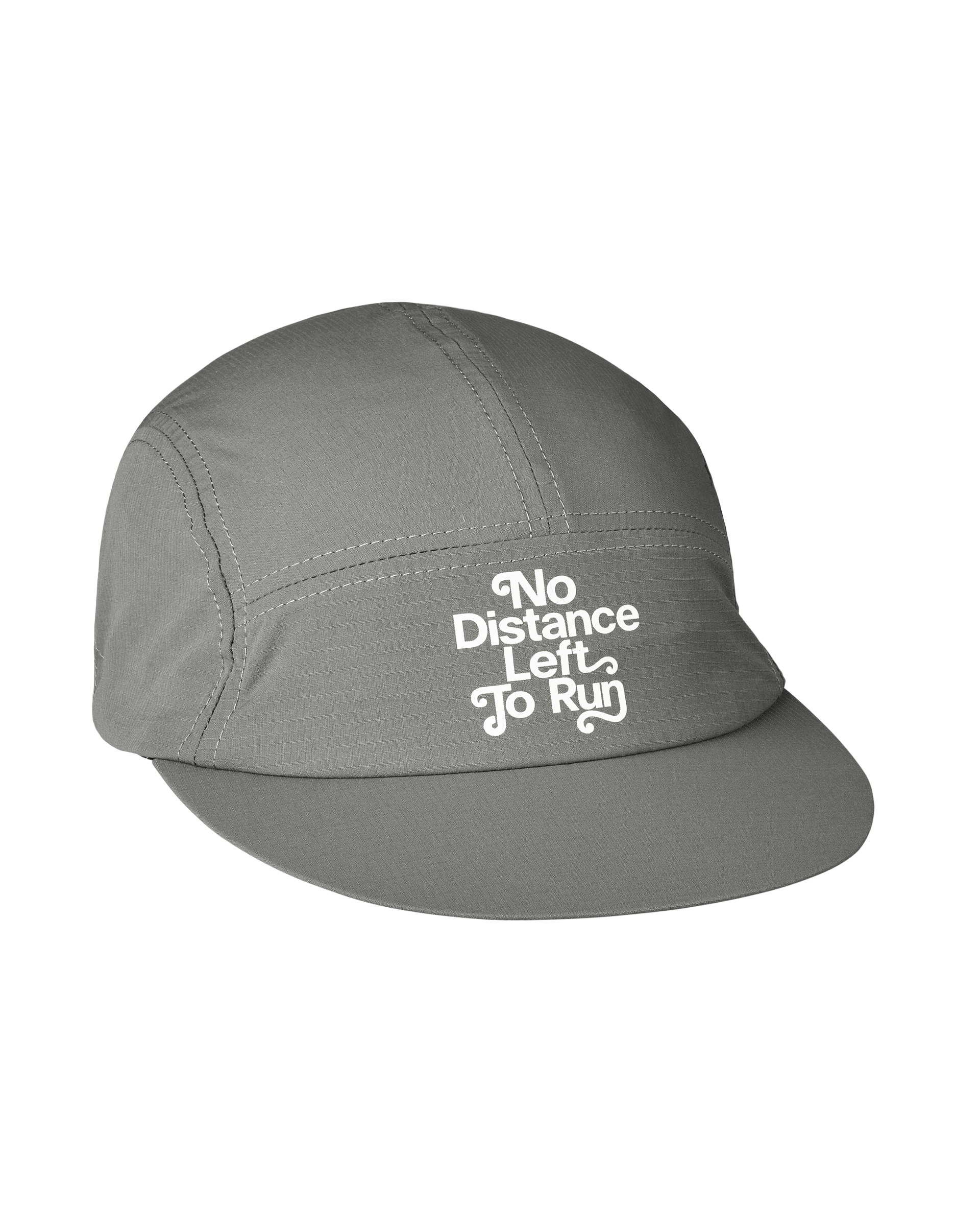 Medium Grey Balance cap, three-quarter view with white No Distance Left To Run front print