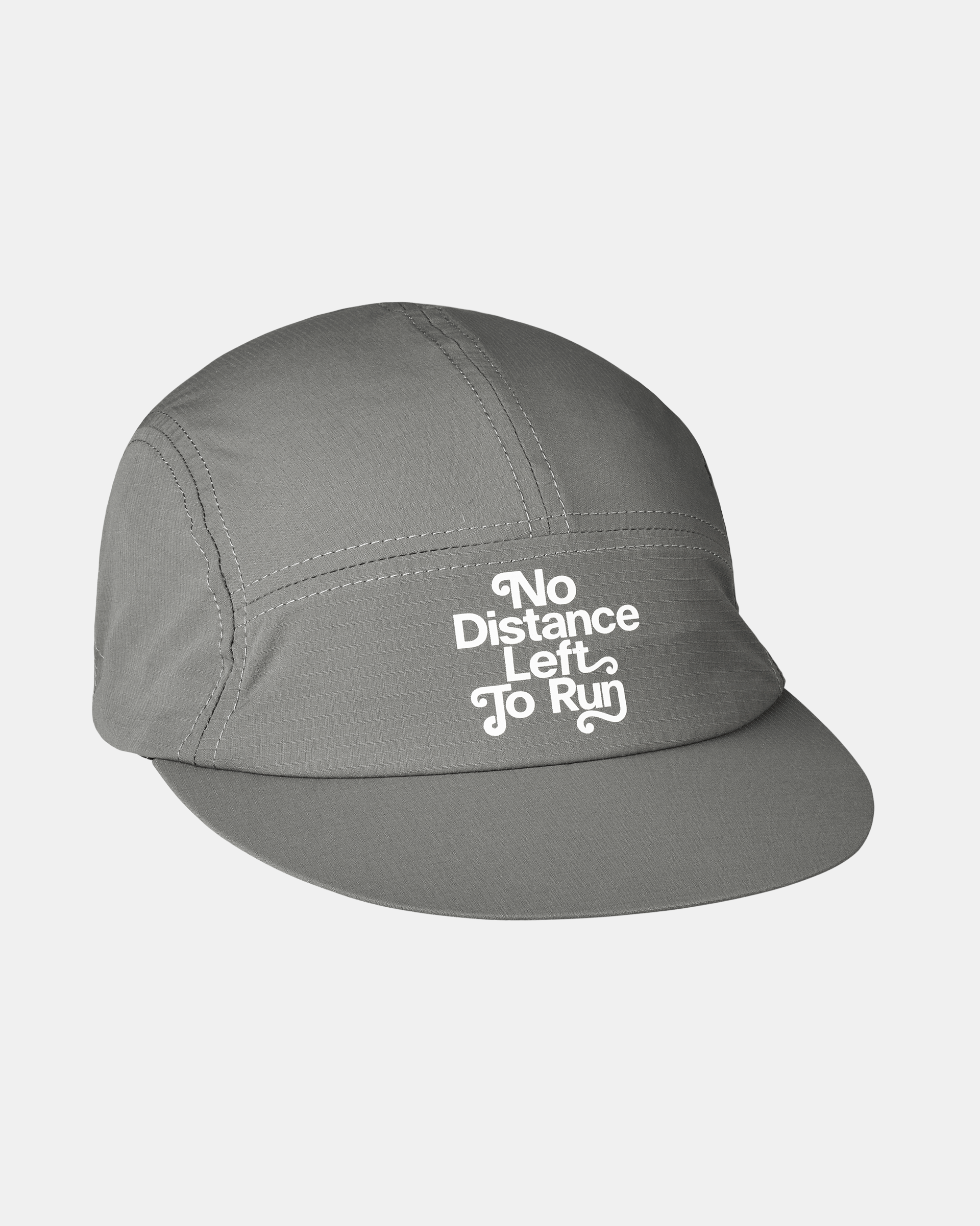 Medium Grey Balance cap, three-quarter view with white No Distance Left To Run front print