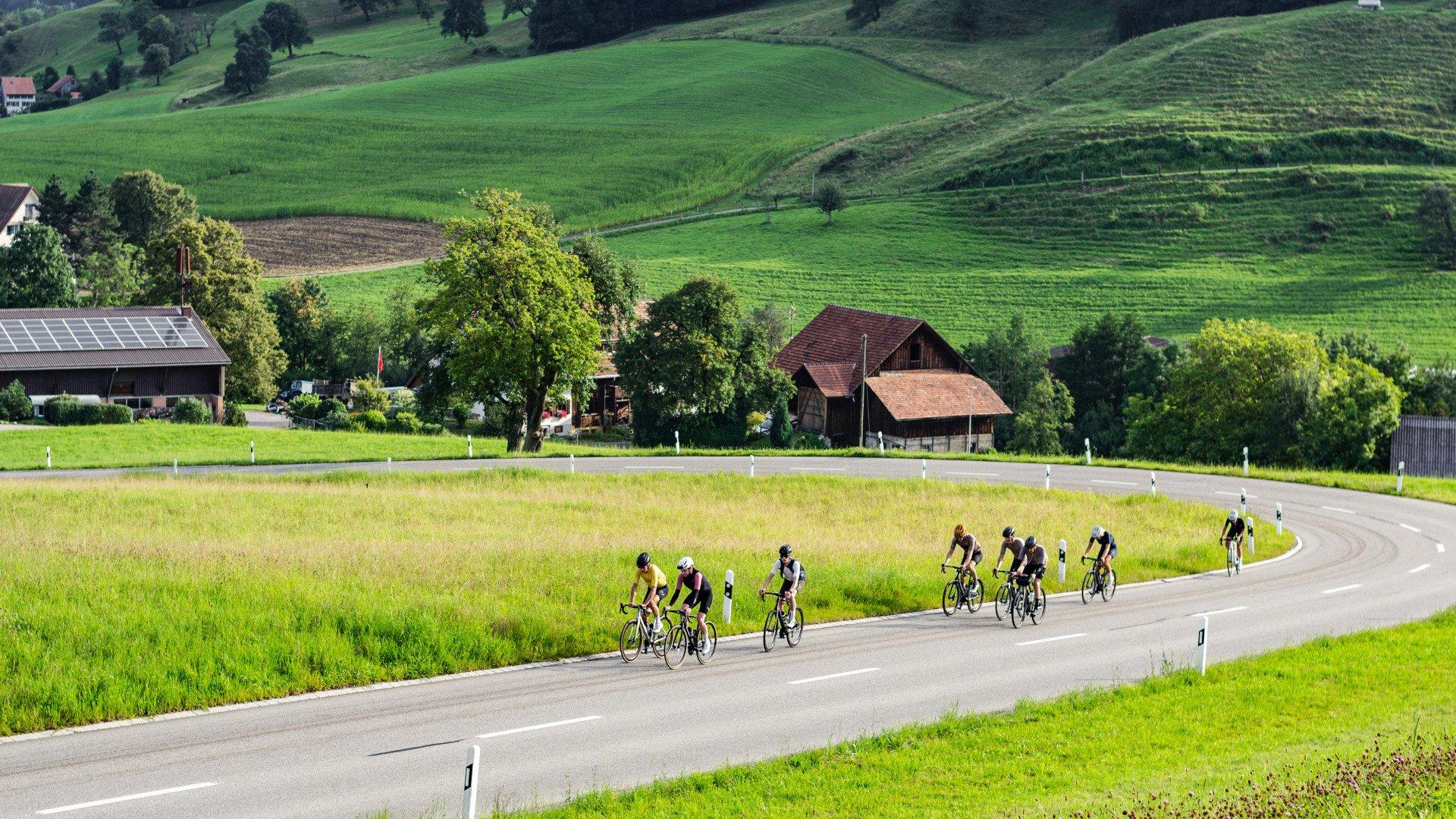 Group of cyclists riding in formation through rolling green countryside with traditional farmhouses