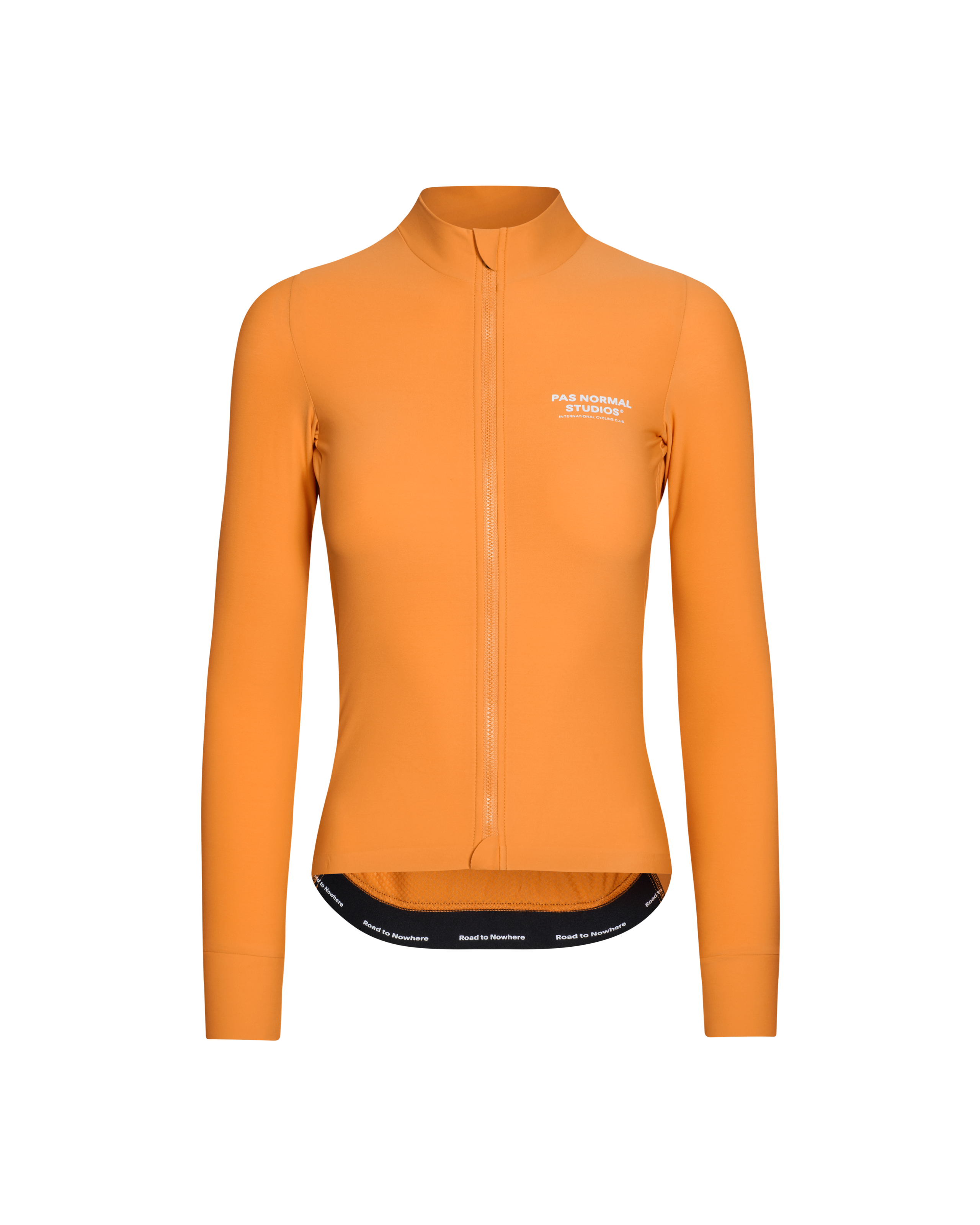 Orange Mechanism long sleeve cycling jersey, front view with full zip and white chest logo