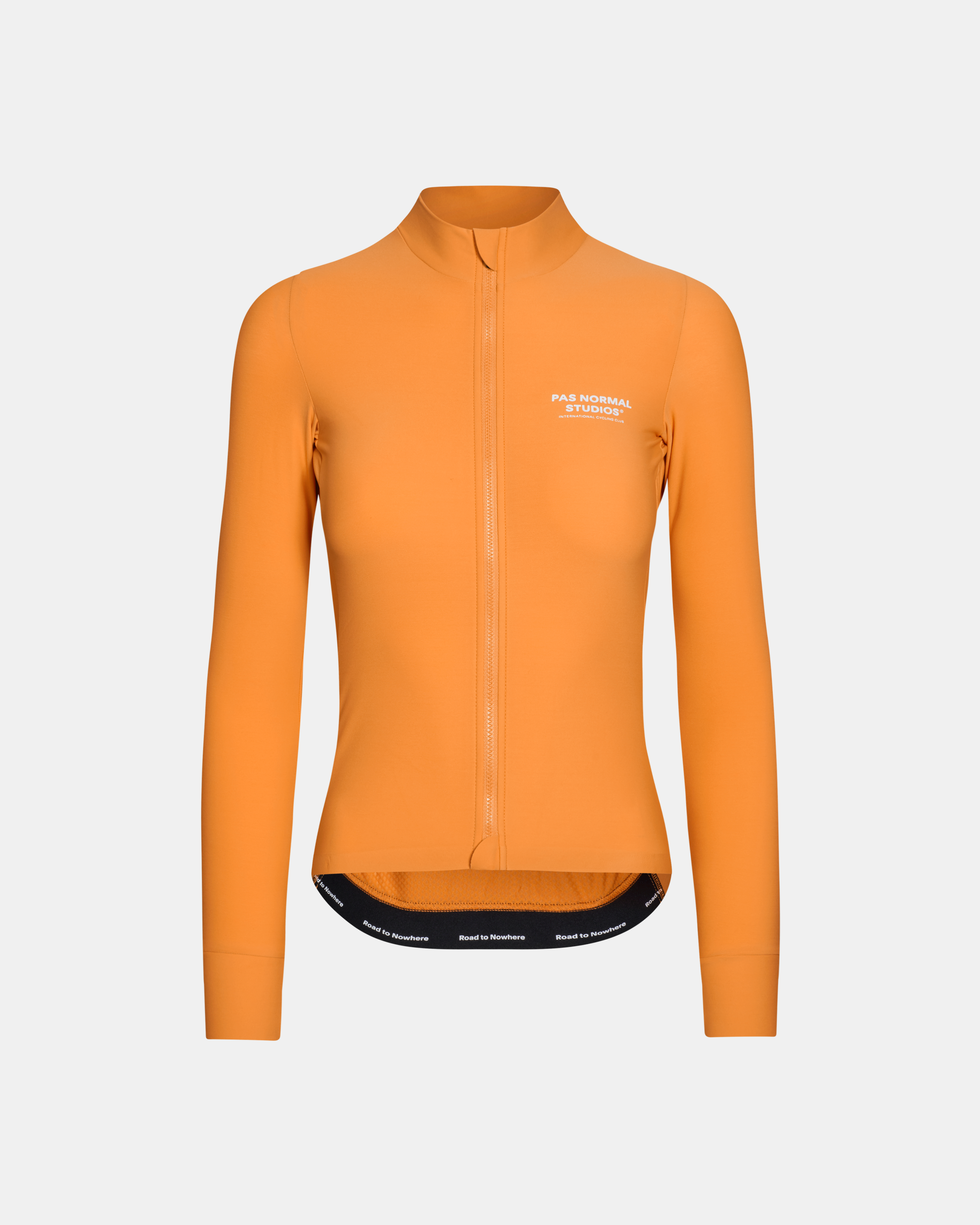 Orange Mechanism long sleeve cycling jersey, front view with full zip and white chest logo