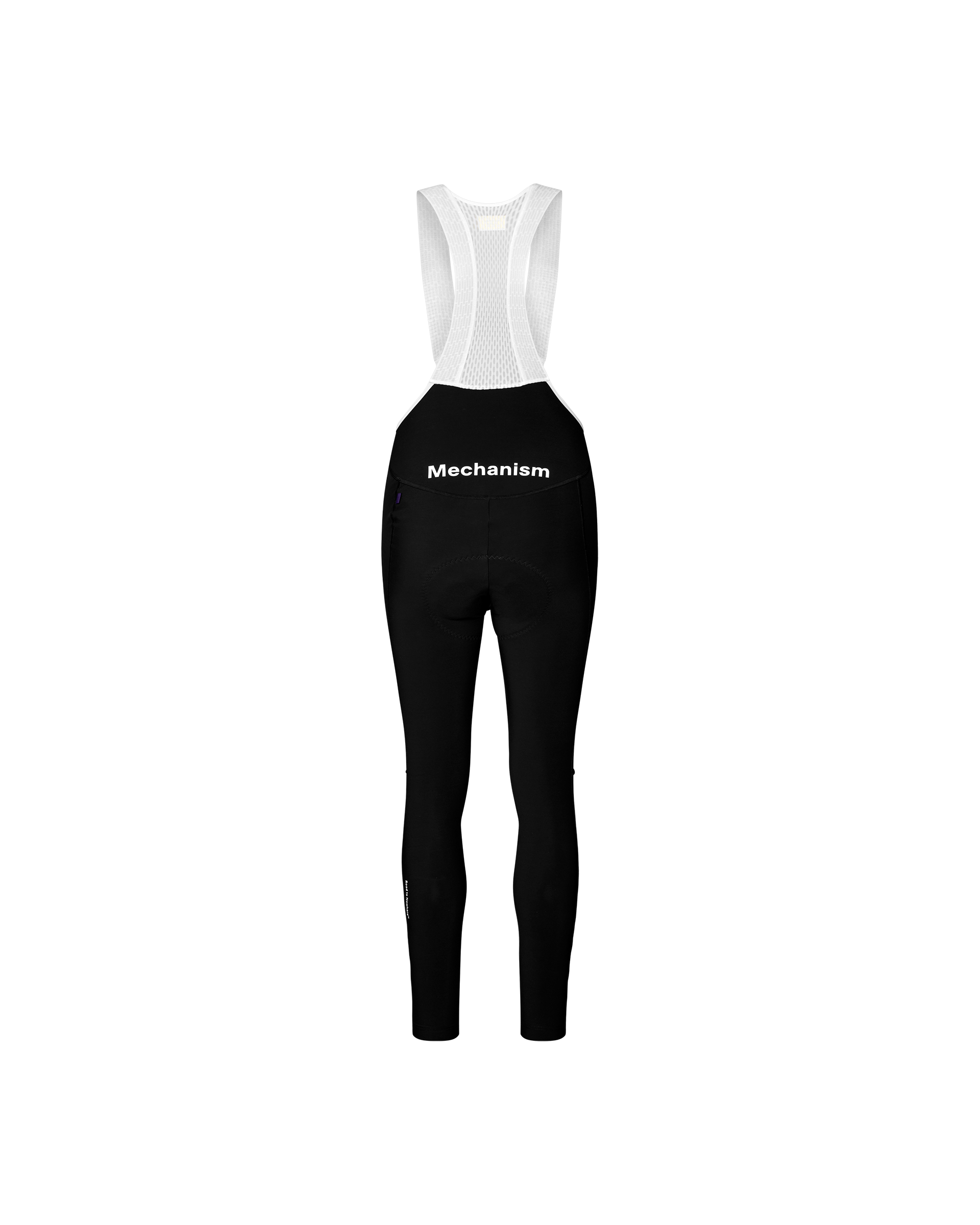 Black Mechanism women's thermal long cycling bibs, rear flat lay with white mesh bib straps and waist logo print