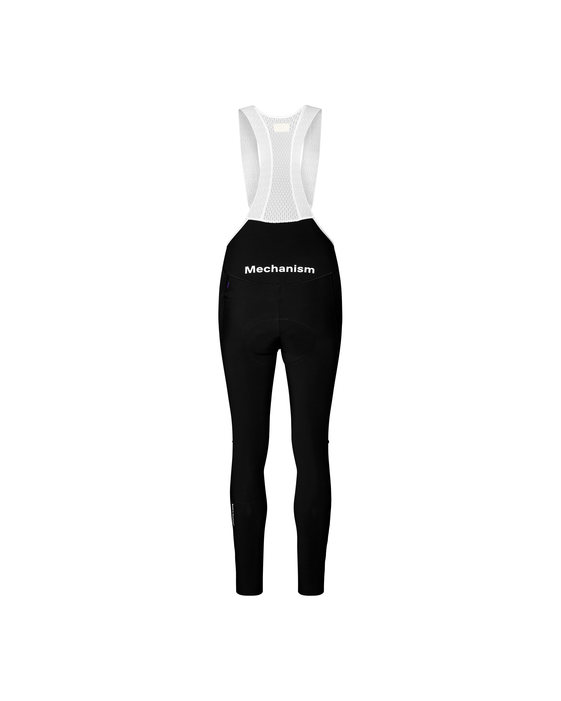 Black Mechanism women's thermal long cycling bibs, rear flat lay with white mesh bib straps and waist logo print