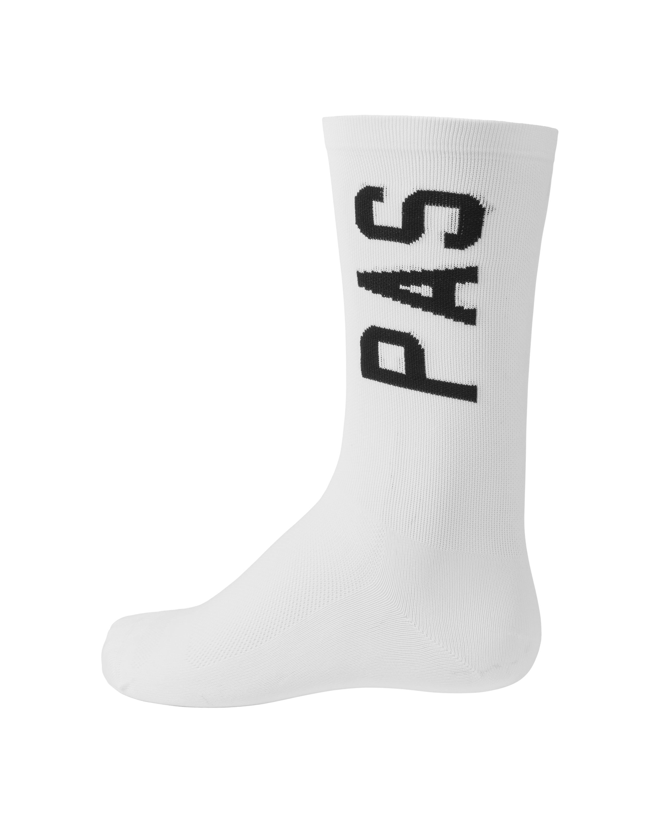 White PAS Mechanism cycling socks with black vertical logo lettering