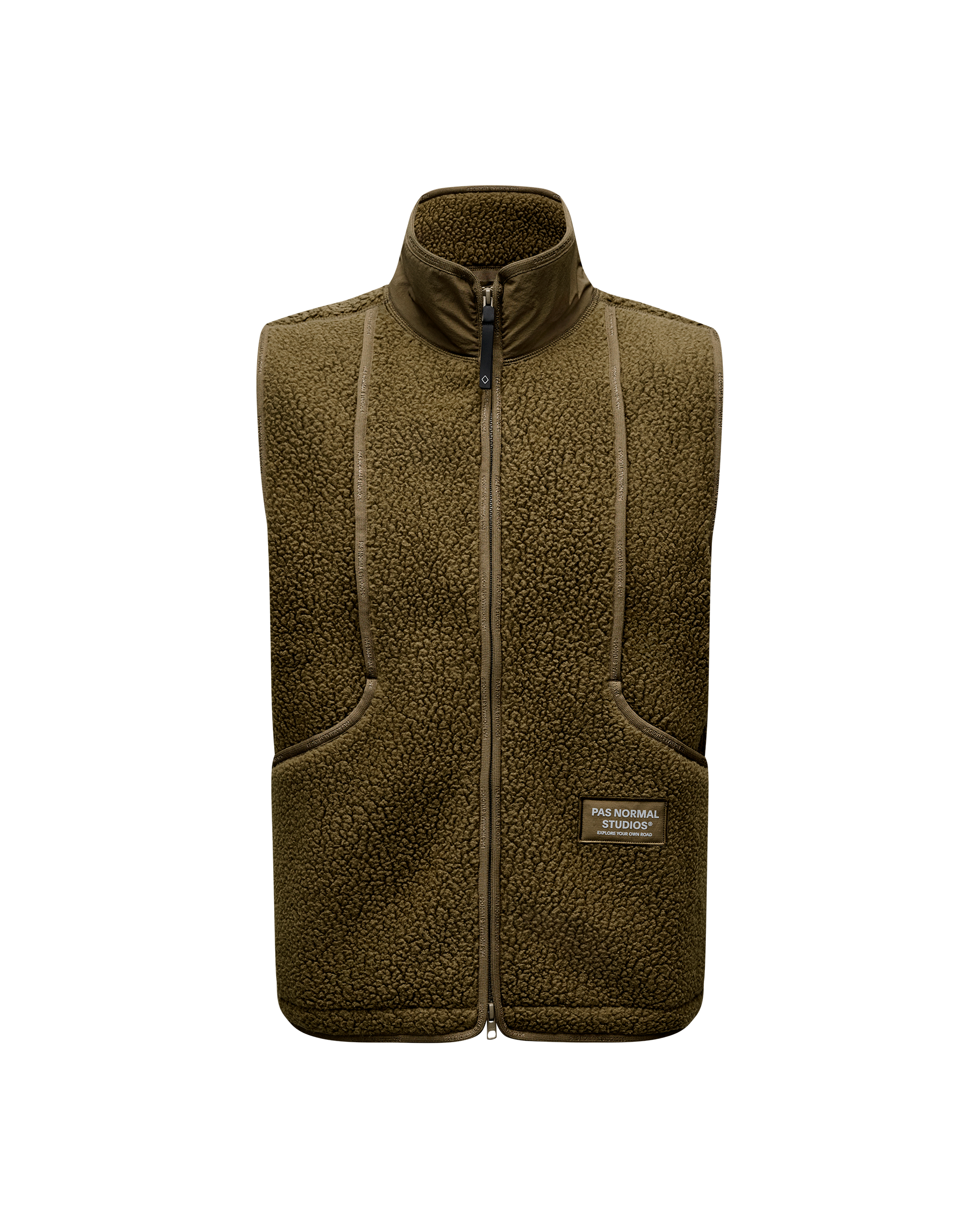 Deep Olive Off-Race Pile Fleece vest, front flat lay with full zip and branded patch pocket