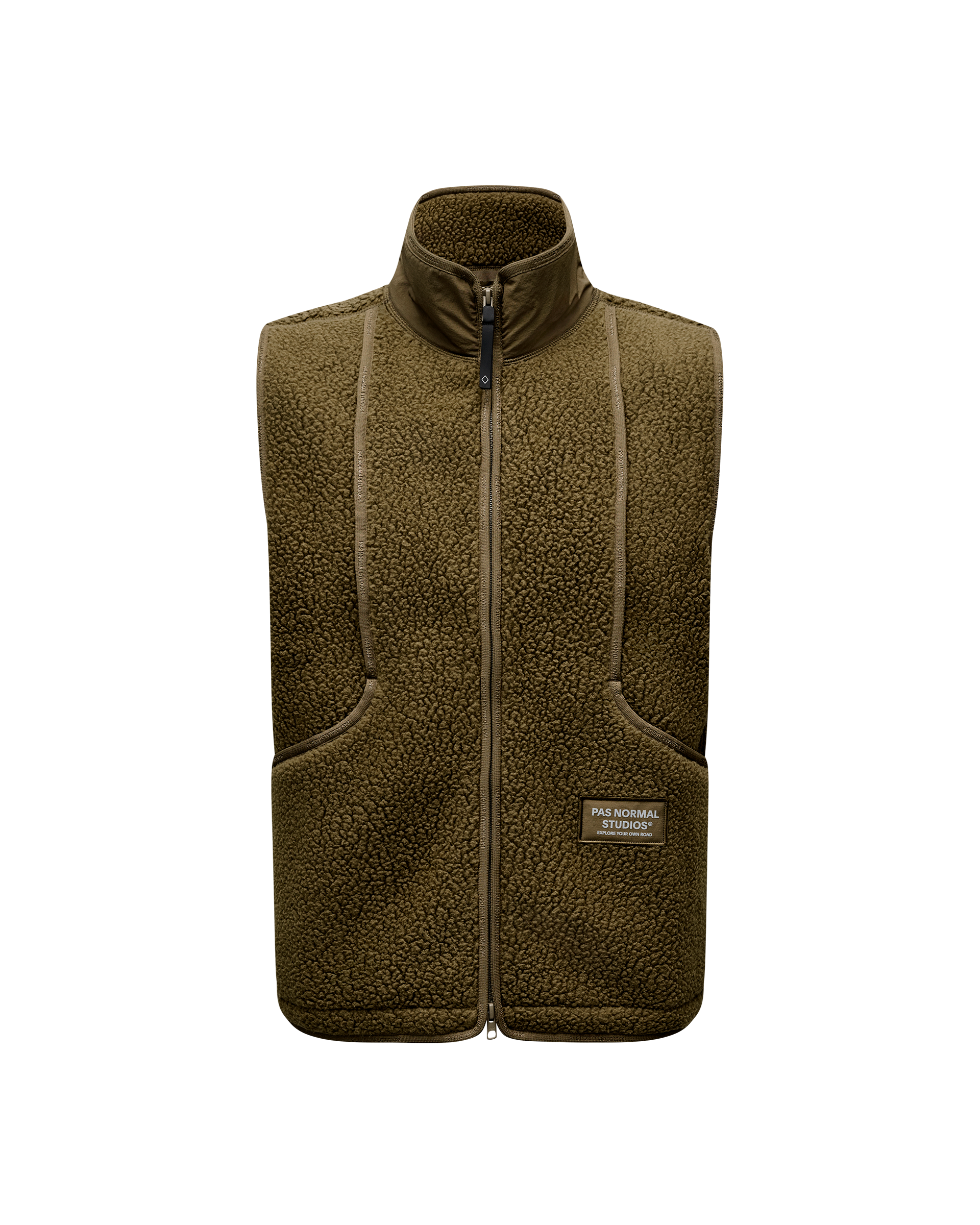 Deep Olive Off-Race Pile Fleece vest, front flat lay with full zip and branded patch pocket