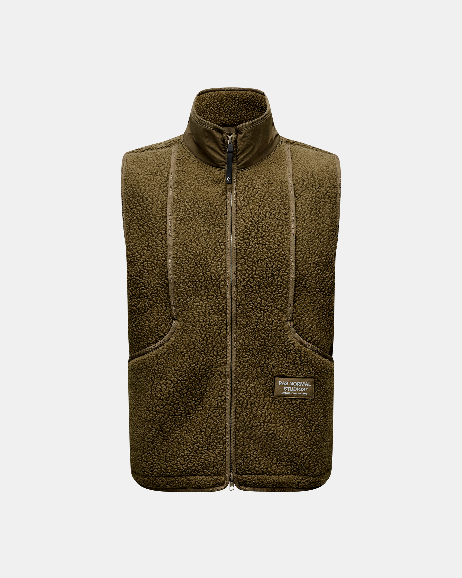 Deep Olive Off-Race Pile Fleece vest, front flat lay with full zip and branded patch pocket