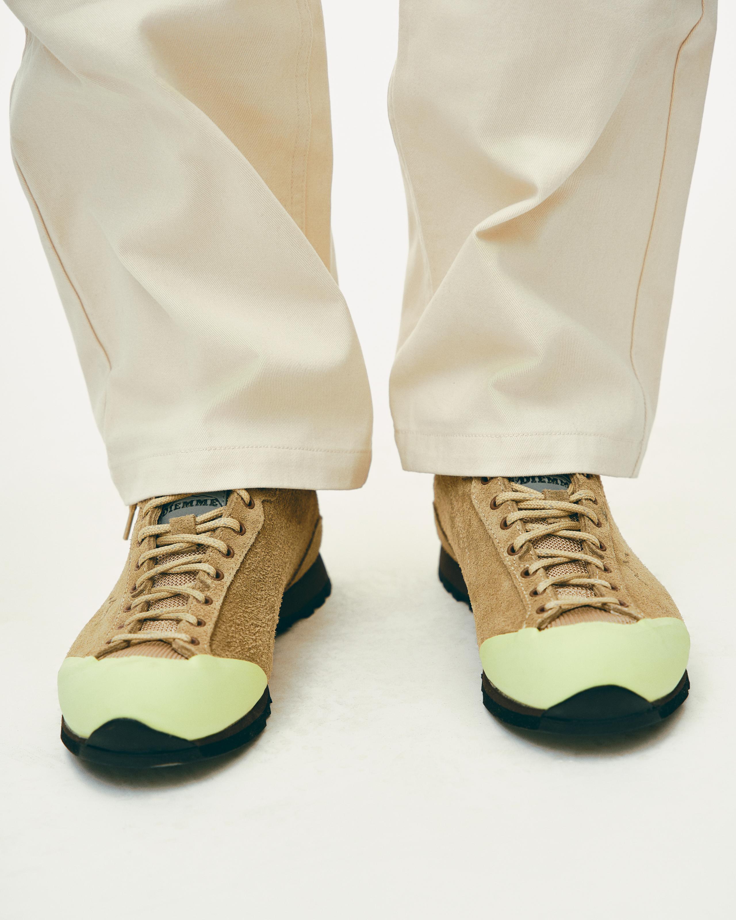 Sand Diemme Movida'92 shoes on model with green toe cap and dark heel
