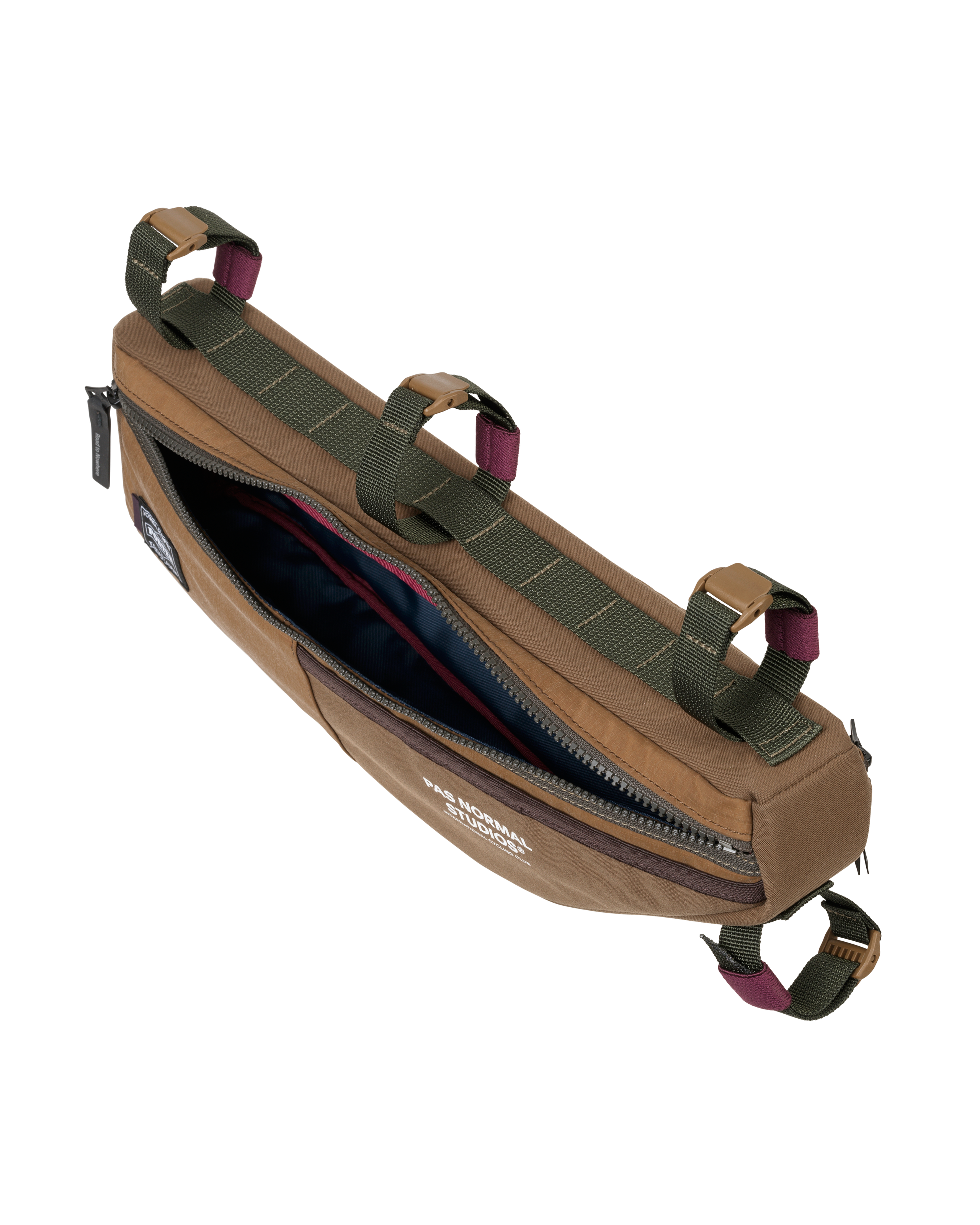 Light Brown Porter-Yoshida frame bag, open top-down view showing navy interior with olive green straps and burgundy zip pulls