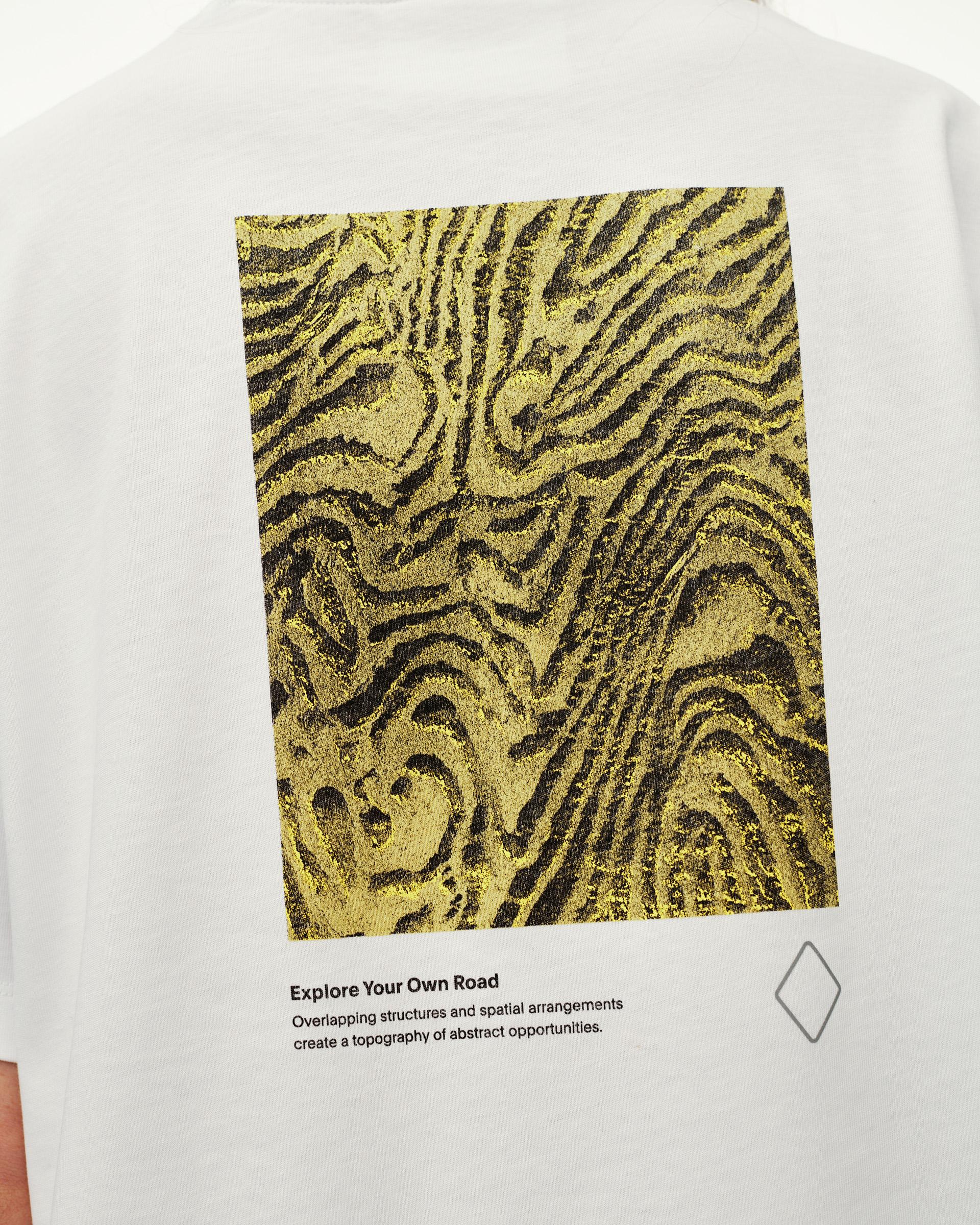 White Off-Race Graphic T-shirt, back detail view with yellow and black topographic print