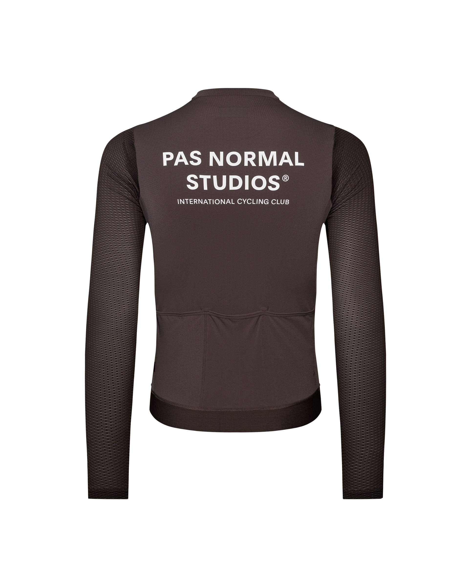 Dark Purple Essential Light long sleeve cycling jersey, rear view with white back print and textured sleeves