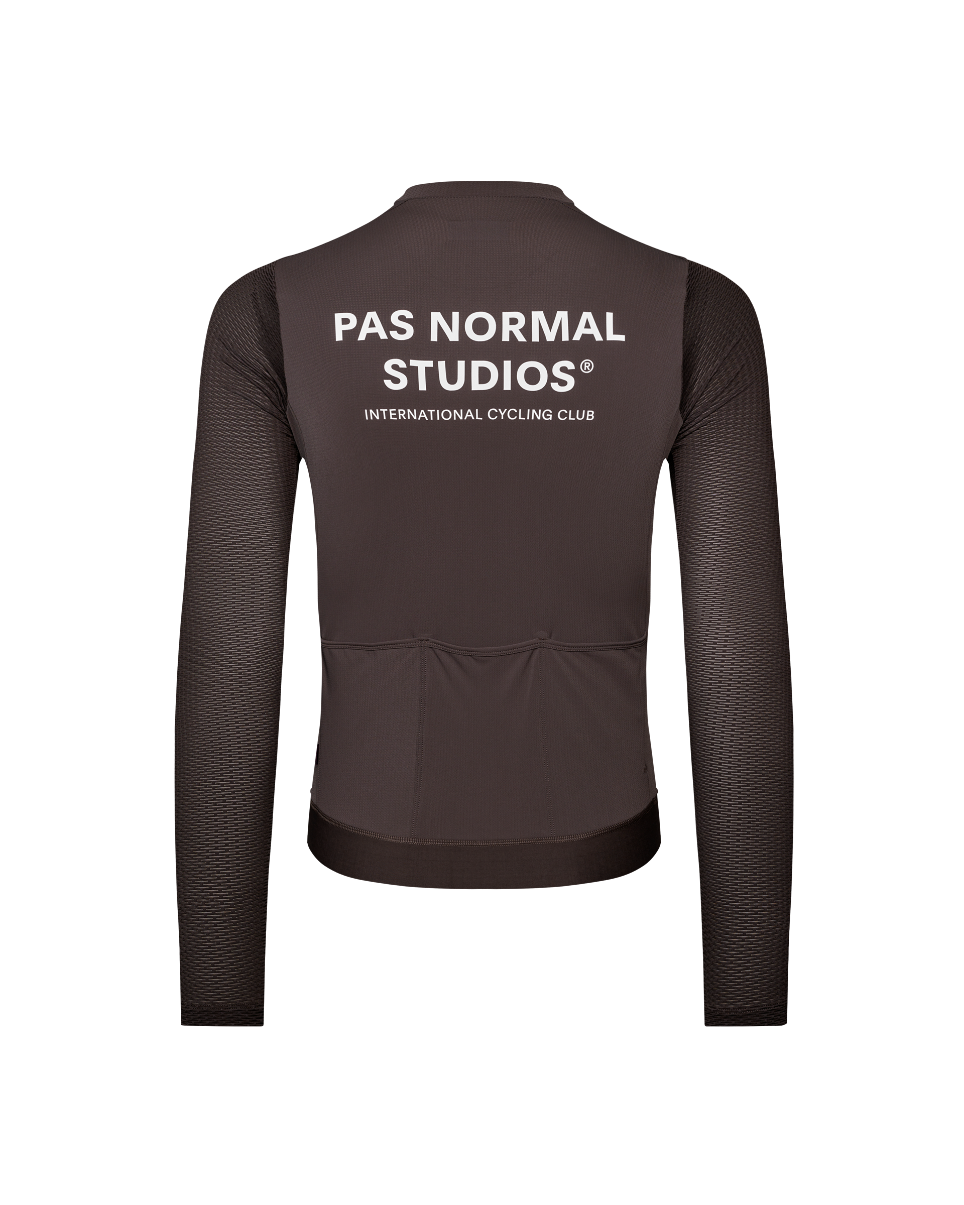 Dark Purple Essential Light long sleeve cycling jersey, rear view with white back print and textured sleeves
