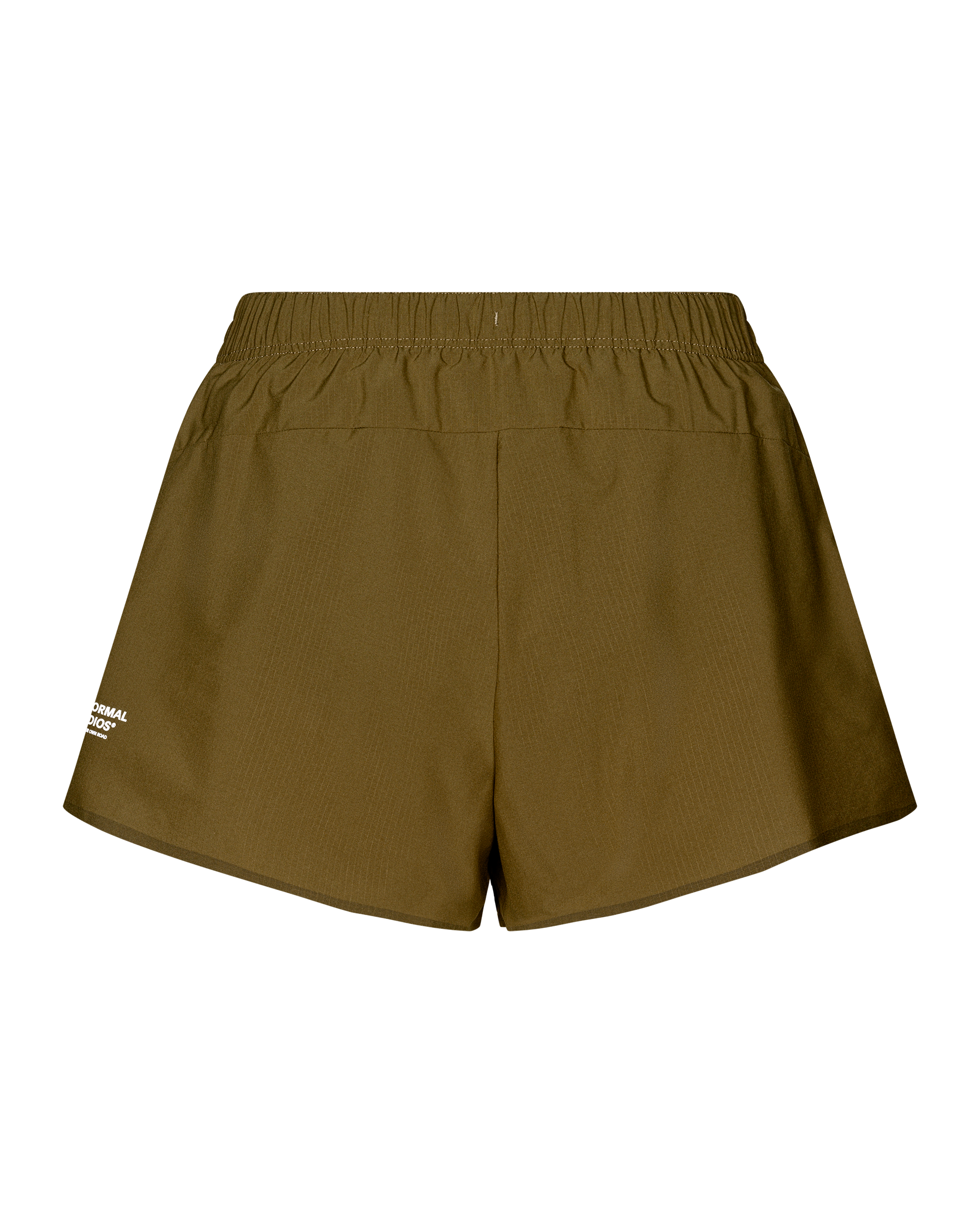 Moss Brown Balance women's shorts, rear flat lay with elastic waistband and white logo print