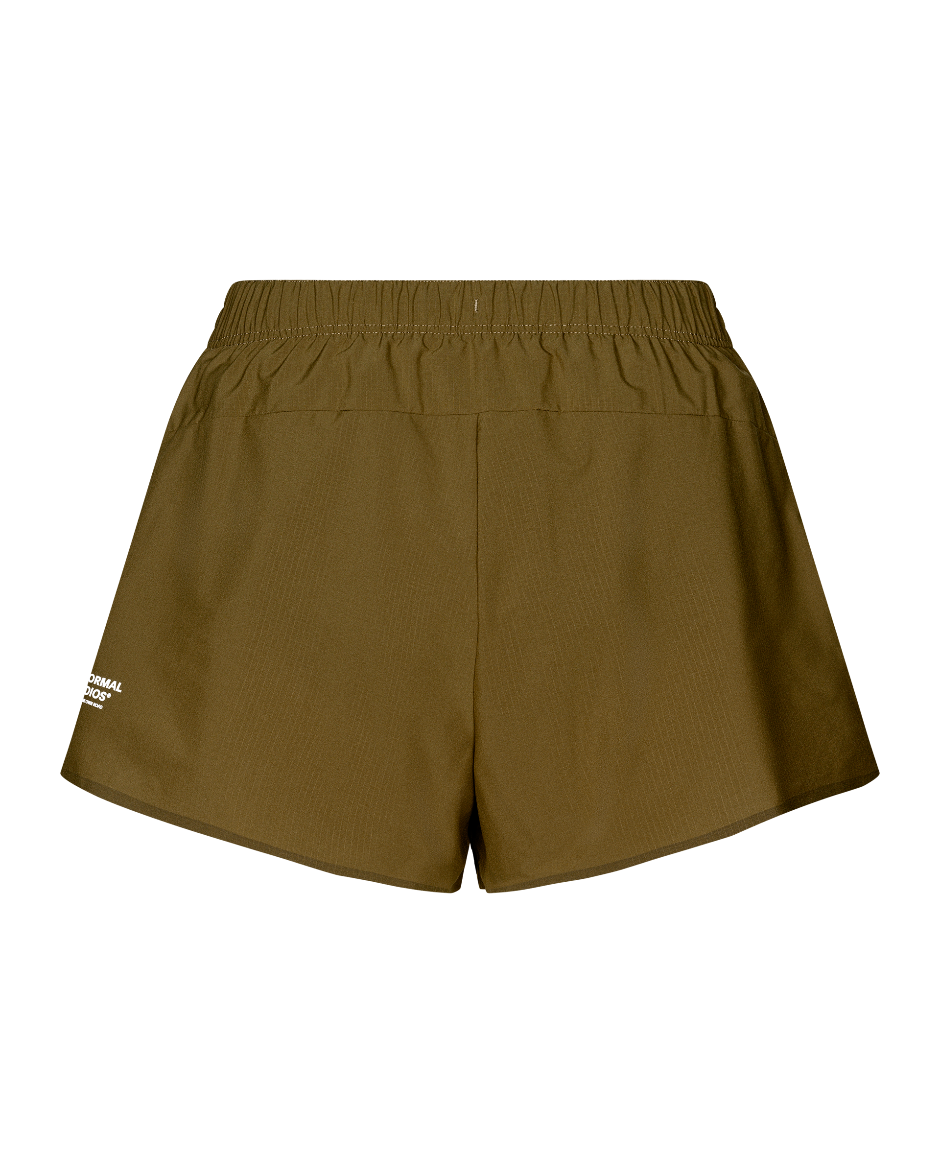 Moss Brown Balance women's shorts, rear flat lay with elastic waistband and white logo print