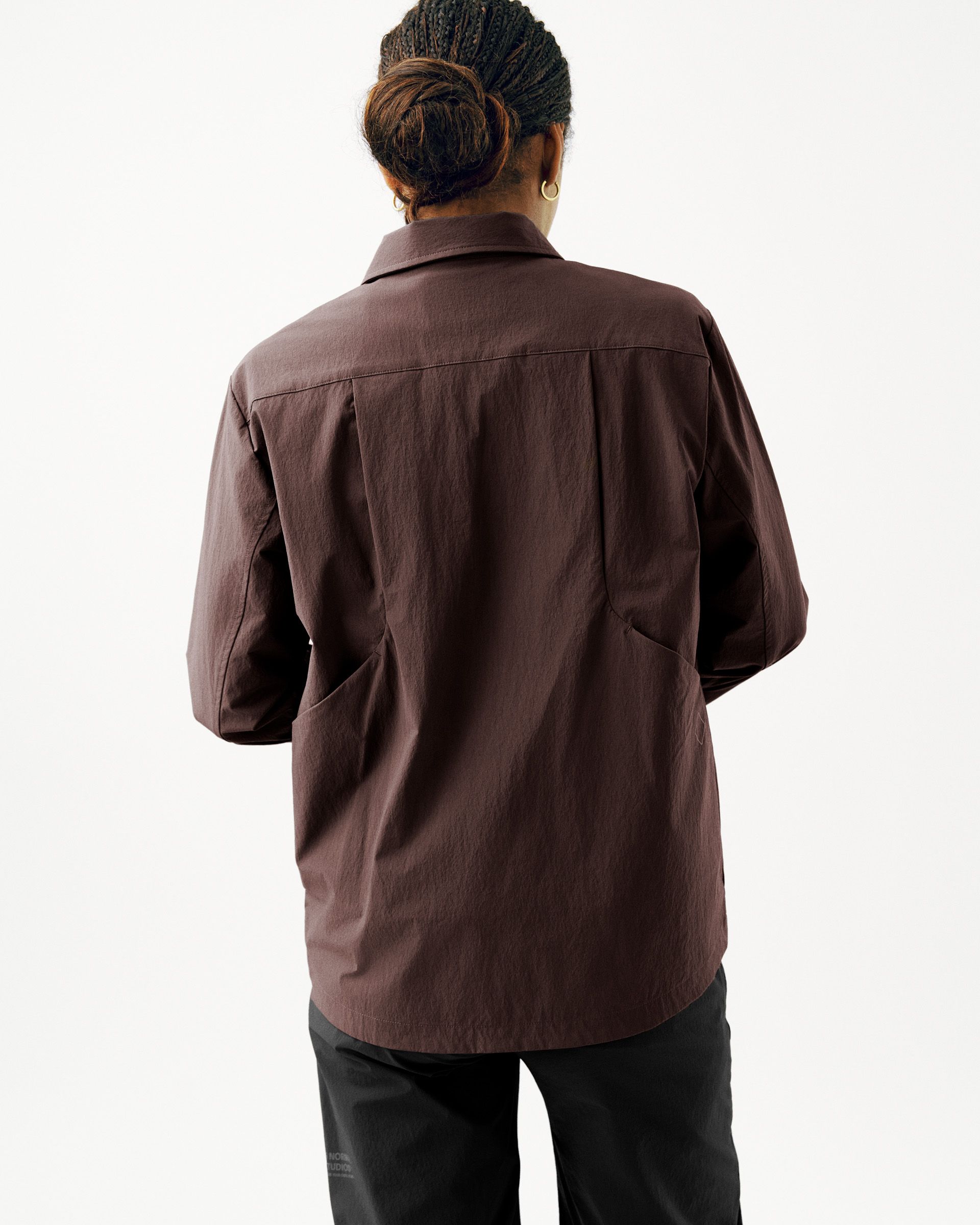 Dark Purple Off-Race Tech Overshirt, rear view on model with chest pocket and clean back seam