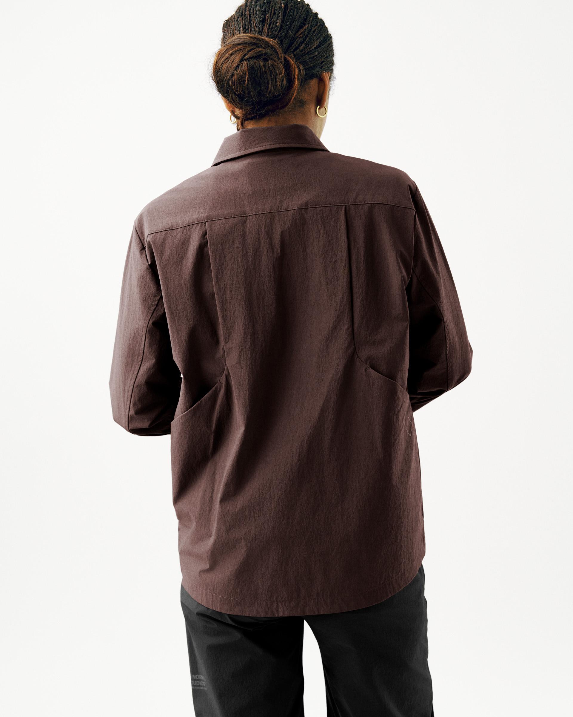 Dark Purple Off-Race Tech Overshirt, rear view on model with chest pocket and clean back seam