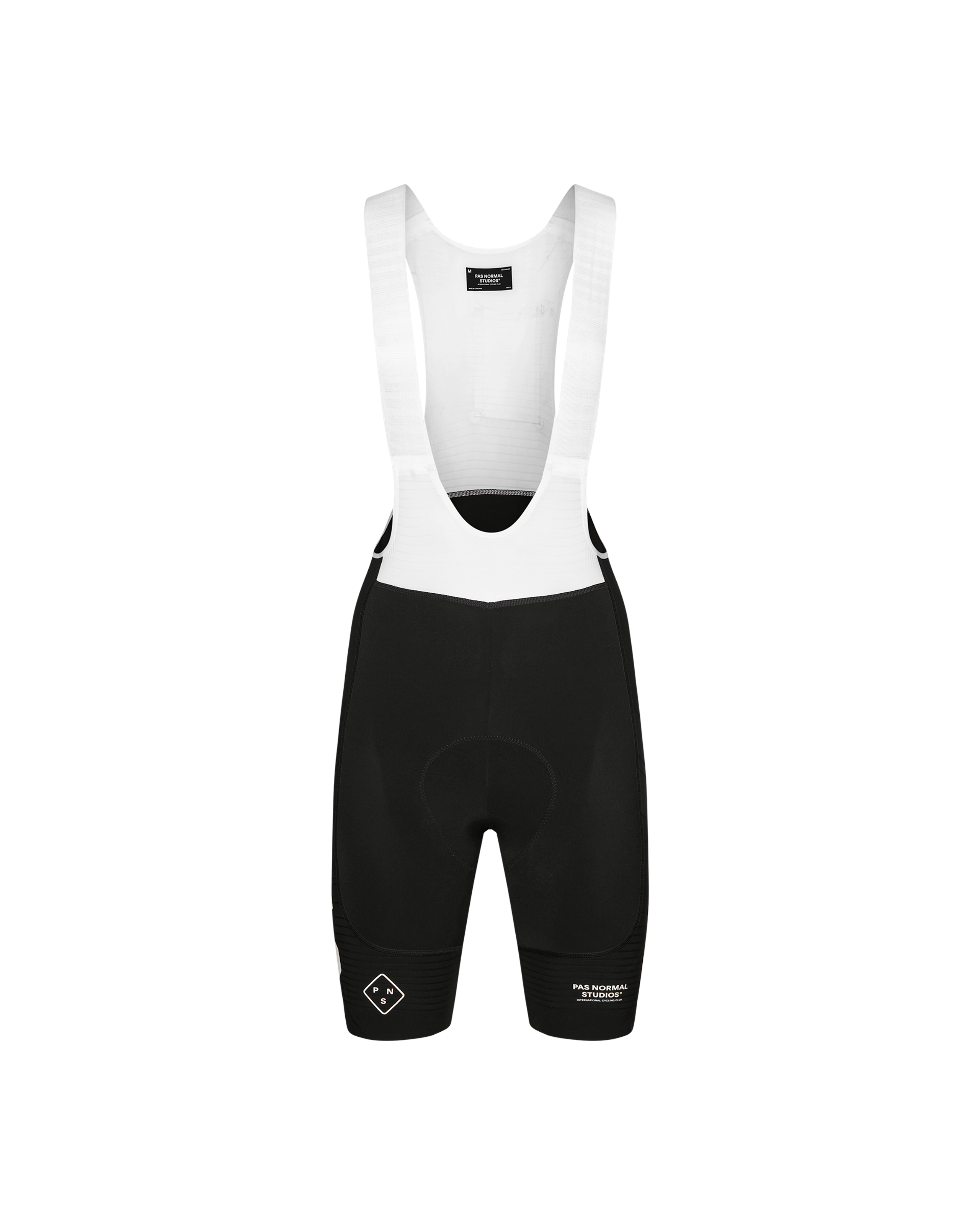Black PAS Mechanism Pro bibs, front flat lay with white bib straps and black shorts