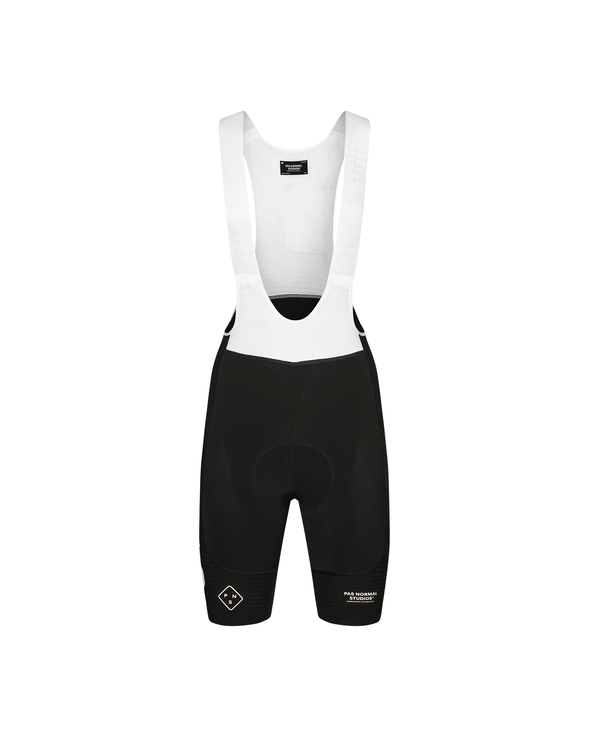 Black PAS Mechanism Pro bibs, front flat lay with white bib straps and black shorts