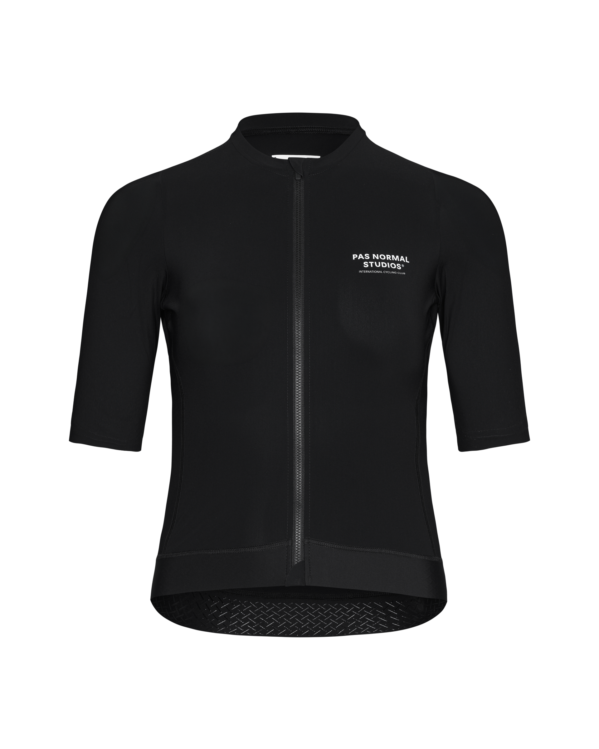 Black Essential cycling jersey, front view with white chest logo and textured hem panel