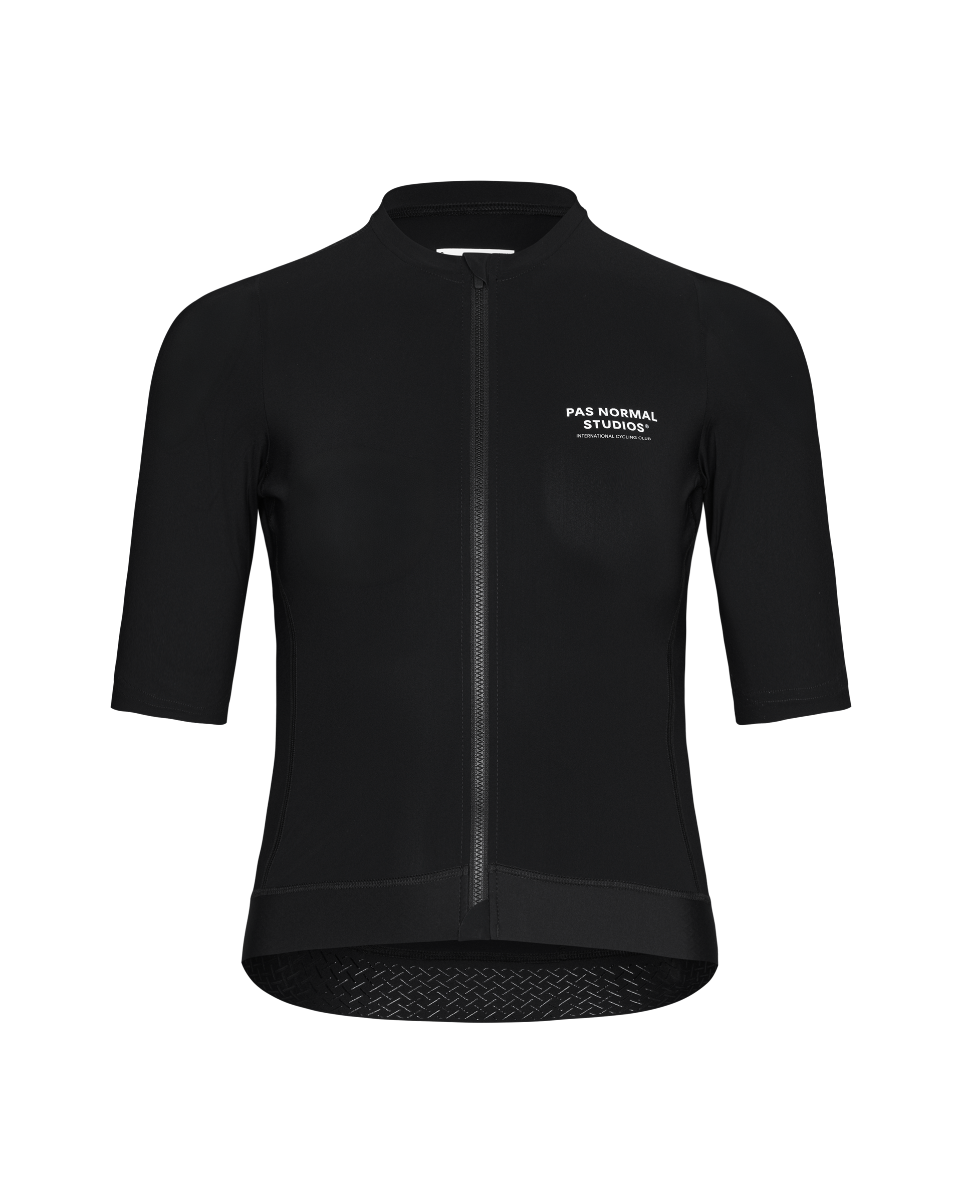 Black Essential cycling jersey, front view with white chest logo and textured hem panel