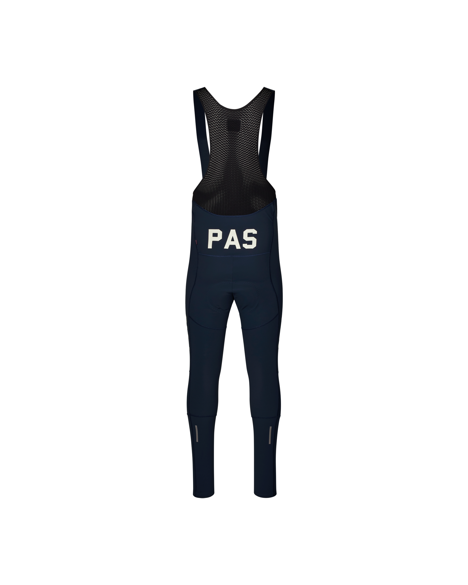 Navy PAS Mechanism Deep Winter Long cycling bibs, front flat lay with mesh bib straps