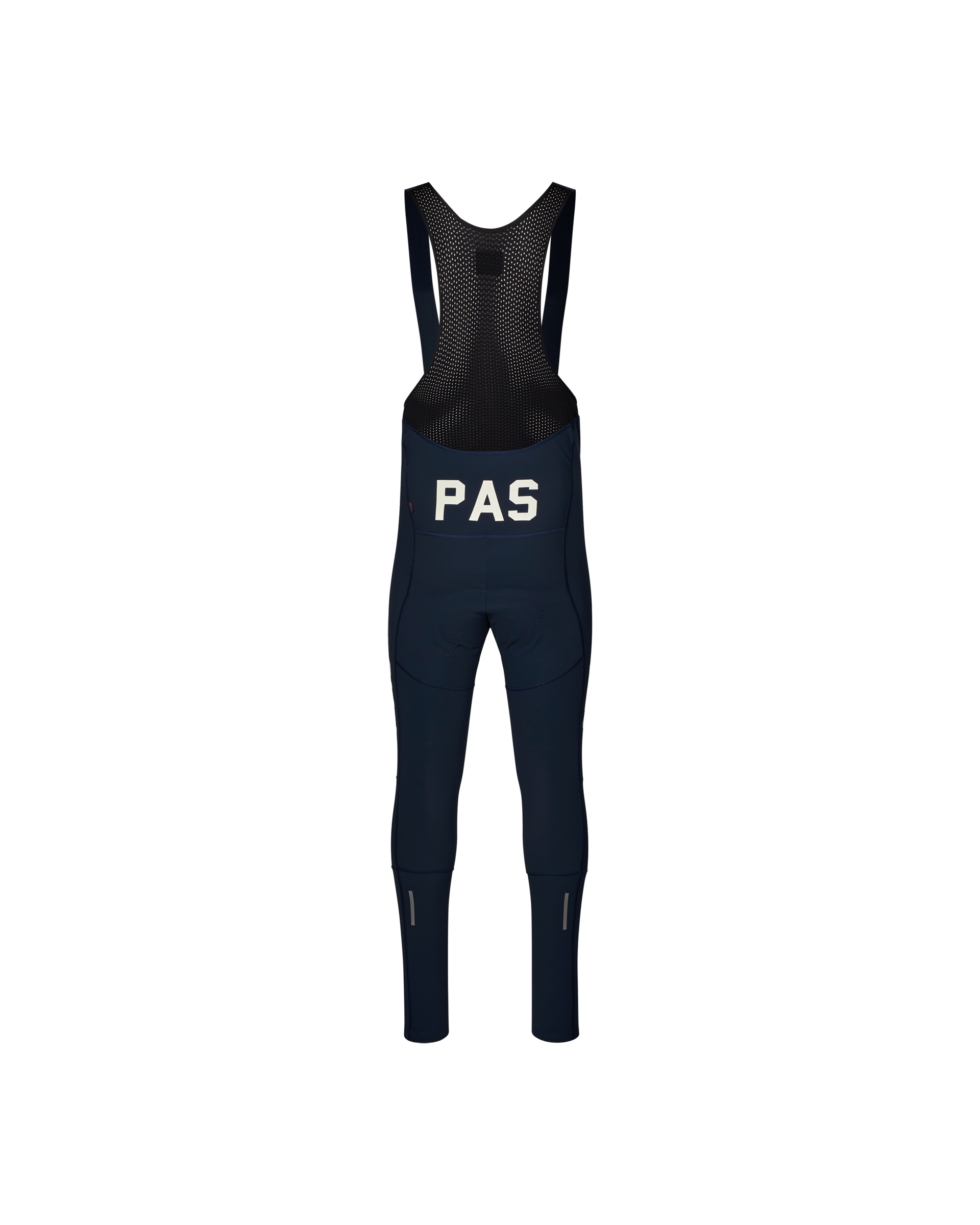 Navy PAS Mechanism Deep Winter Long cycling bibs, front flat lay with mesh bib straps
