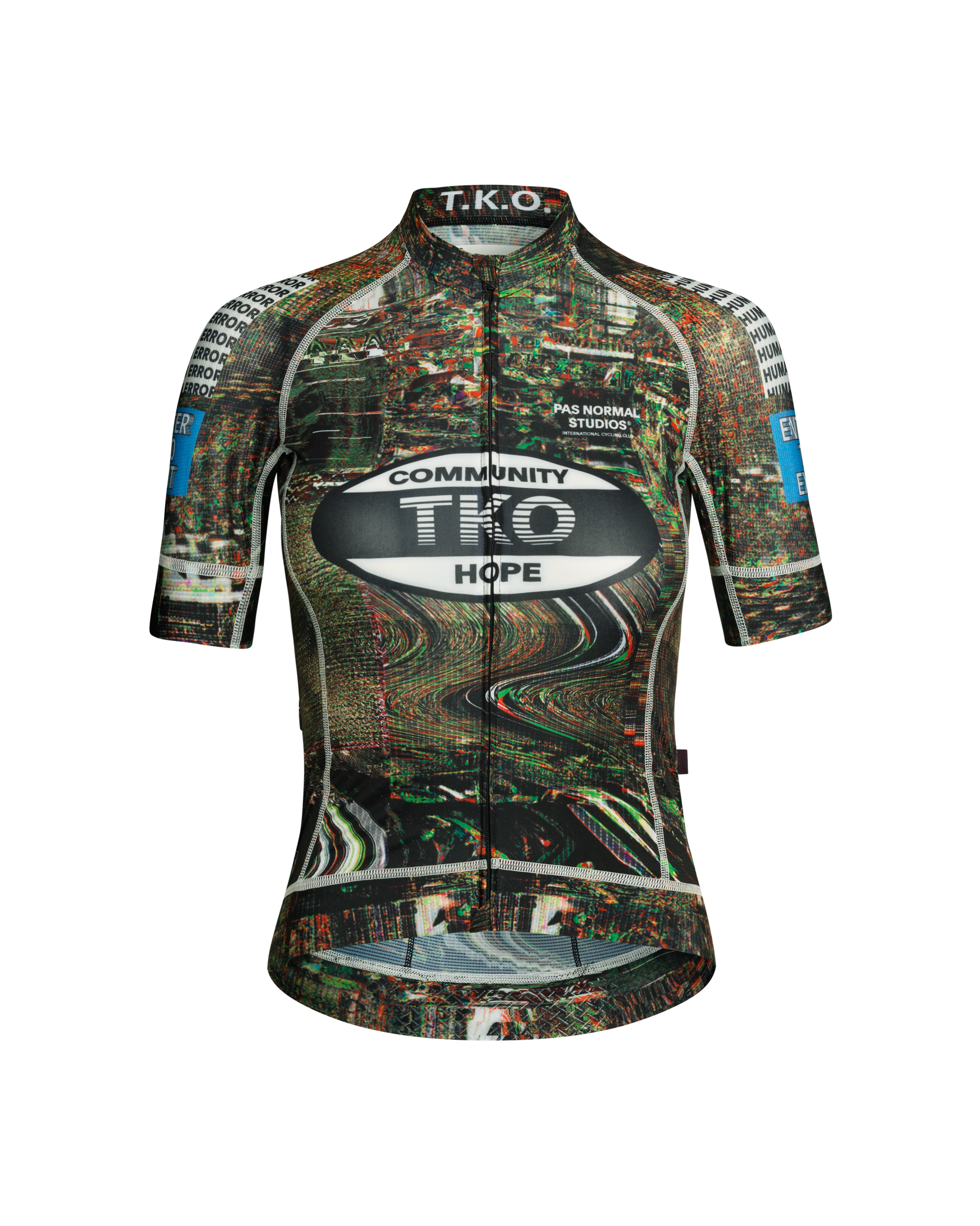 Human Error Green T.K.O. Mechanism women's cycling jersey, front flat lay with all-over glitch city print