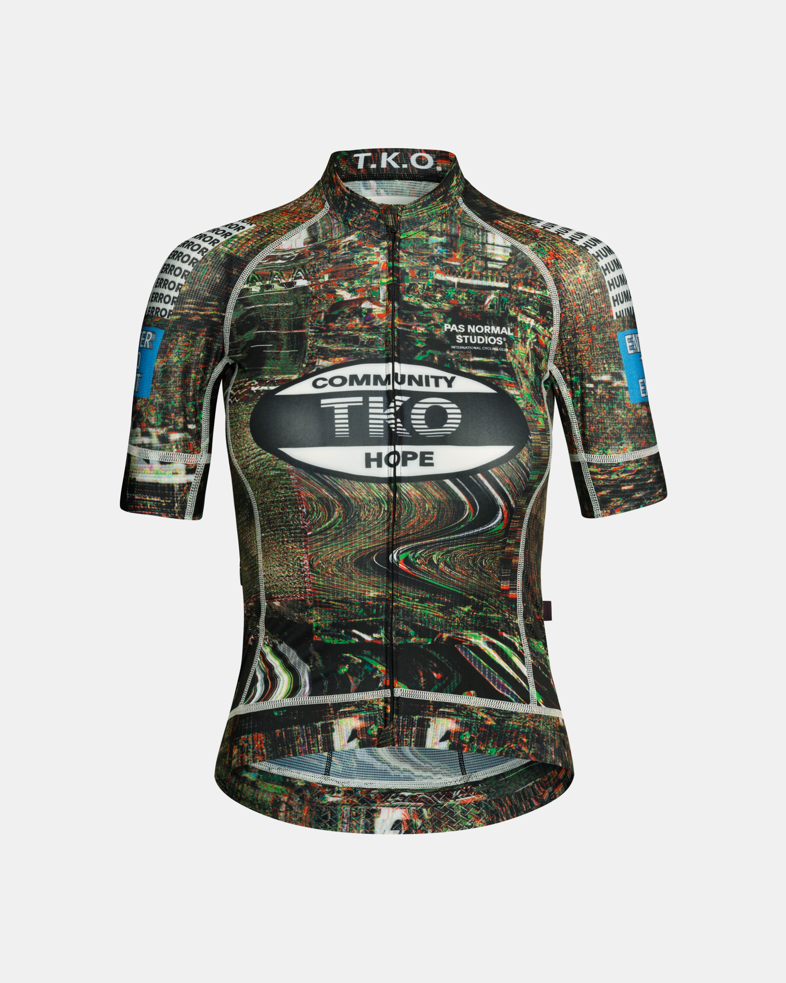 Human Error Green T.K.O. Mechanism women's cycling jersey, front flat lay with all-over glitch city print
