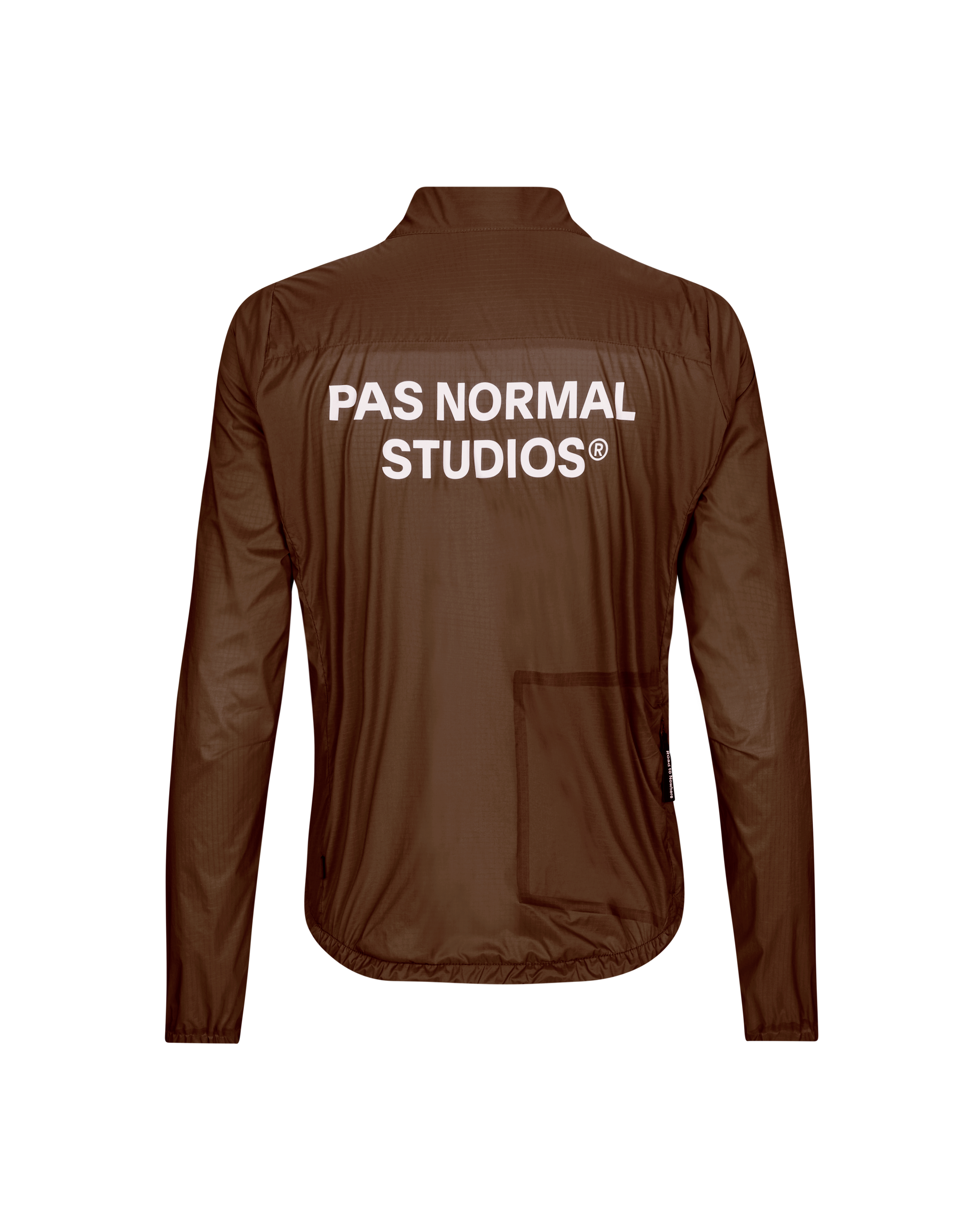 Brown Essential Insulated cycling jacket, rear view with white back logo and elastic hem